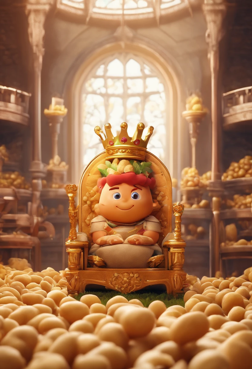 Tiny potato kings wearing majestic crowns, sitting on thrones, overseeing their vast potato kingdom filled with potato subjects and potato castles
