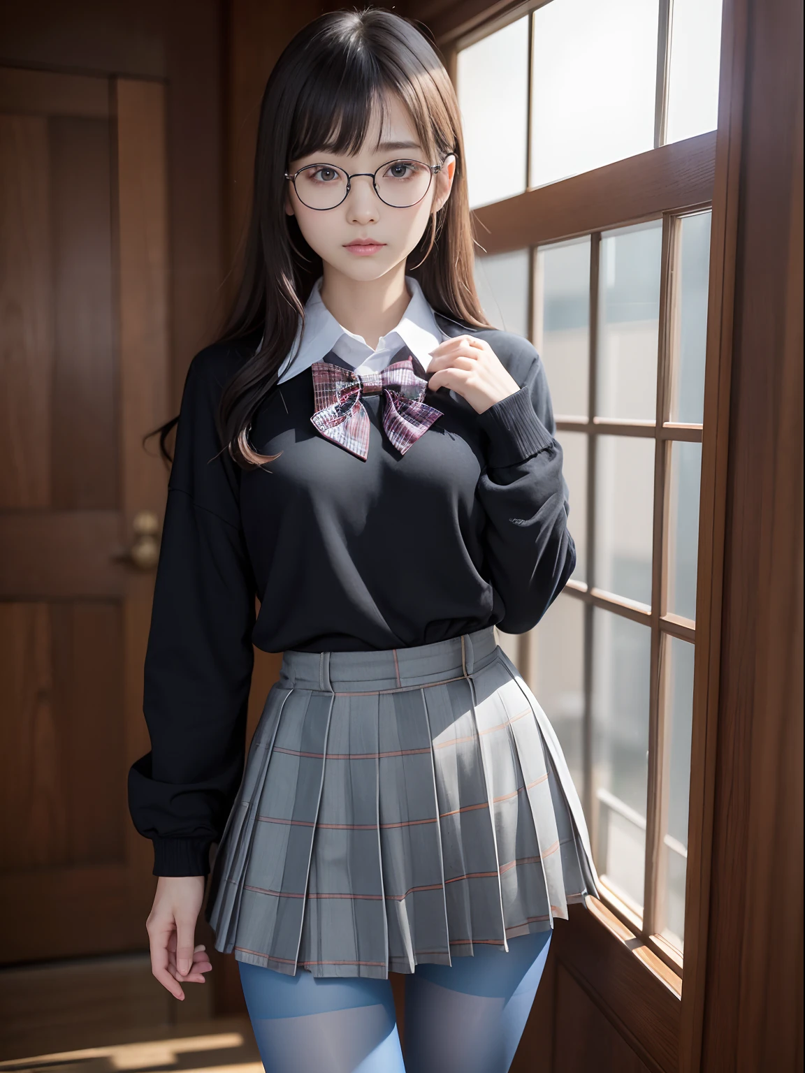(Underwear is visible)、((Narrow-eyed))、((Narrow-eyed))、((Narrow-eyed))、(8K、Raw photography、top-quality、​masterpiece：1.2),、Has a small、(flat breast)、(flat breast)、(flat breast)、(flat breast)、(flat breast)、(being thin)、light skinned、skin whitening、Dark look、Rasping,glamor,Chromo-white skin,cocky,School,watching at viewers,Looking at the front,Muchimuchi,High-pitched clothing,Erotic,Pupils,de pele branca,kne,((Black pantyhose)),absurderes,a small face,,Forehead visible,Bangs hanging from the left and right sides of the forehead,(a cold expression,Tight eyes,glares,Bullish,irate)、​masterpiece,top-quality、超A high resolution,Raw photo,ren,Beautiful fece,One Person, 独奏,eye glass,,Dark look,Small breasts,fullllbody,Round glasses,JK school uniform,hi-school girl,A Japanese Lady,is standing,（Photorealsitic：1.37）、Photon mapping,Realistic、Beautie,Cute little face,Brown-eyed、Black socks、(Red bow tie)、Radio City、Physically Based Rendering、depth of fields、Blurry background、a picture,Body,beauty legs, Long legs, Thin leg,(Bangs are visible), hair, s lips, Blue_The eye, nosesoft,(Light blue shirt), (Navy and blue and white plaid pleated skirt), Knees are visible,Sheer clothing,, Thigh, Black cotton socks,Nogizaka Idol, 女優, Japanese ido