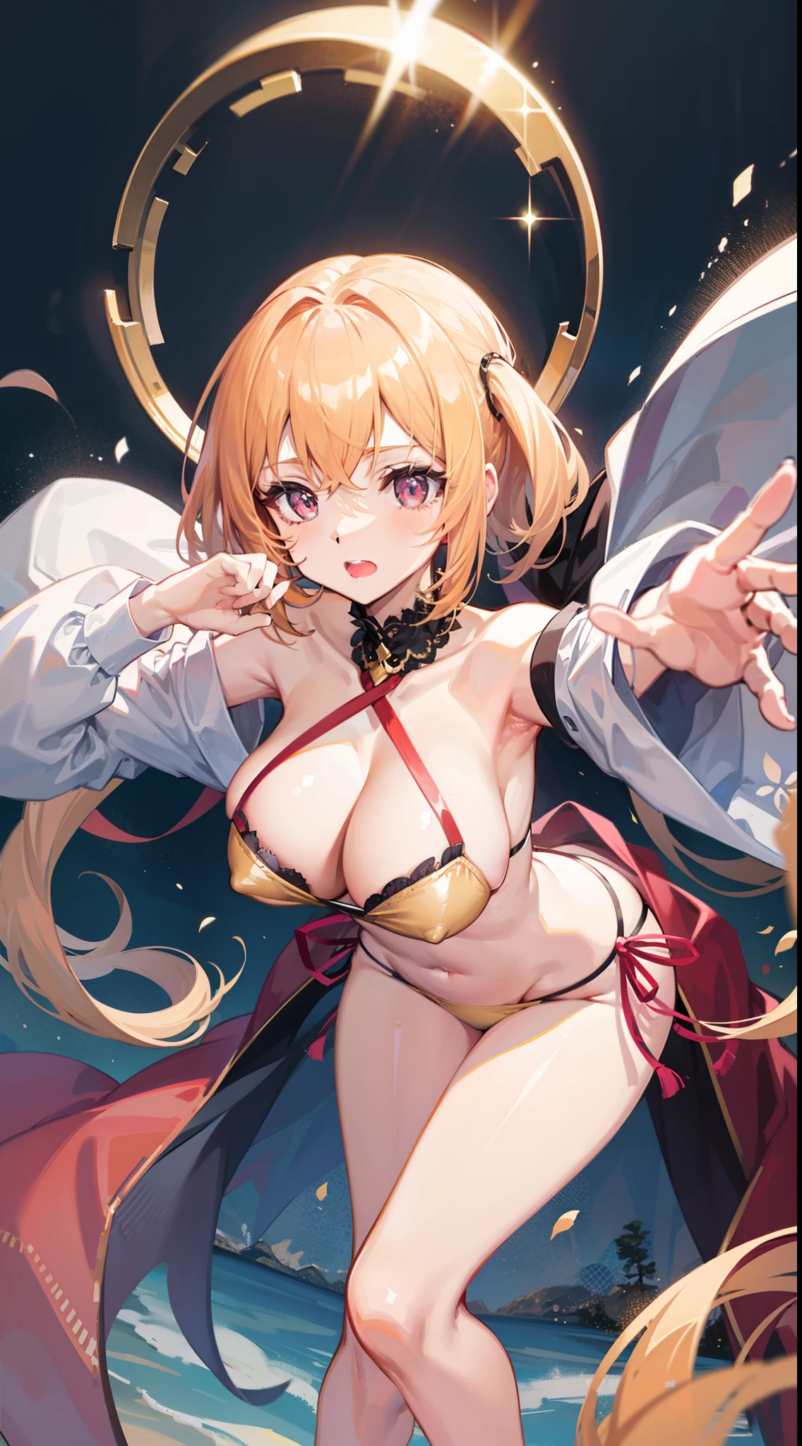 masutepiece、hight resolution、1girl in、in one's underwear only、Golden lingerie、large full breasts、bending forward、Poses that emphasize breasts、Cute anime illustration、
