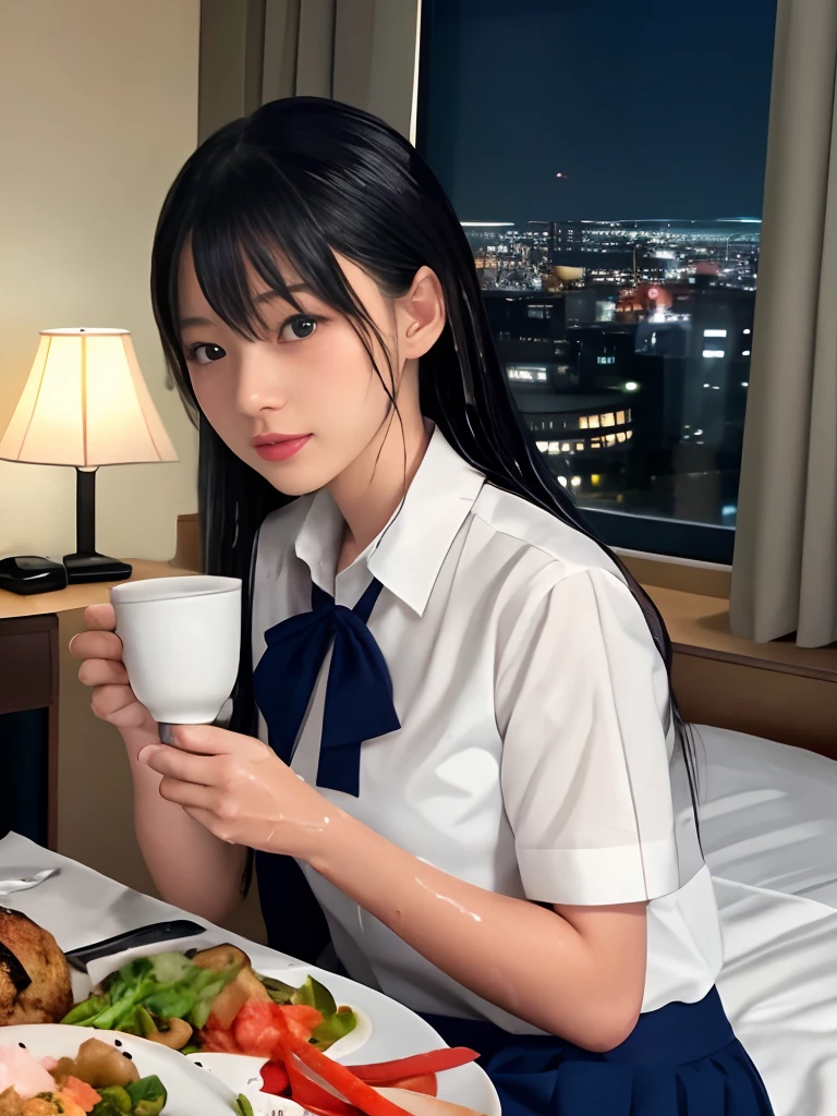 Product quality, 1 girl per 1 photo, Cowboy Shot, Front view, a Japanese young pretty girl, 、Teen、long,  ight, ((Have dinner in your hotel bedroom:1.4)), wearing a white short-sleeved shirt with a wet collar、The white shirt is wet、hand holding cup of coffee、Dark blue bow tie、Wearing a wet navy blue pleated skirt, Sitting on a chair, Meat and vegetables on the table, hyper cute face, Glossy lips, Natural makeup, wet long-haired, asymmetrical bangs, wetted skin, central image, 8K resolution, high detailing, detailed hairstyle, Detailed face, Cinematic lighting, Octane Rendering, Hyper realistic, Perfect limbs, Perfect Anatomy