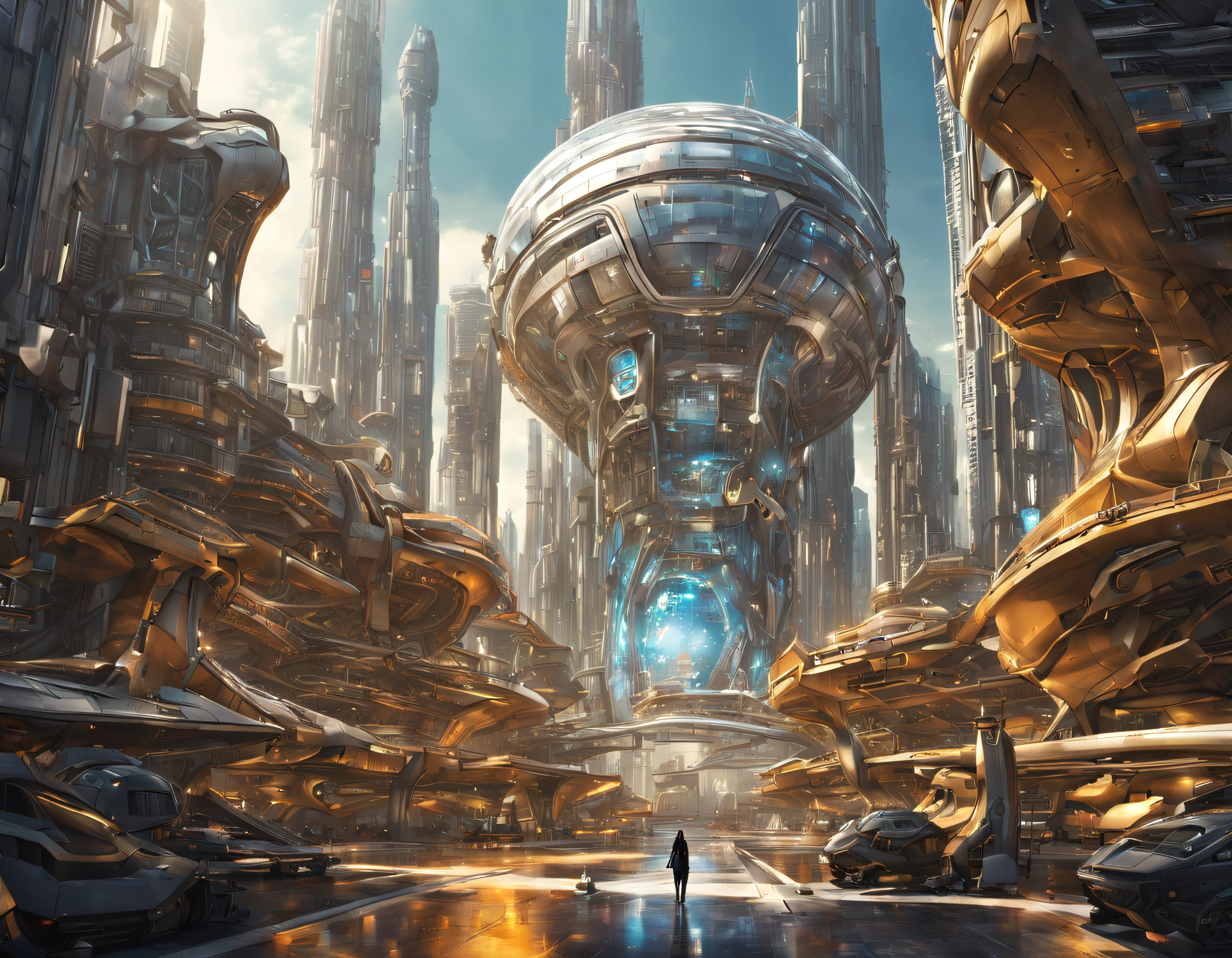 On an unknown planet there is a futuristic city with immense buildings of technological design, con estructuras acristaladas en plata, oro y bronce espectaculares en la que sobrevive un robot femenino espectacular. con colores vivos. pavimento ensolado.