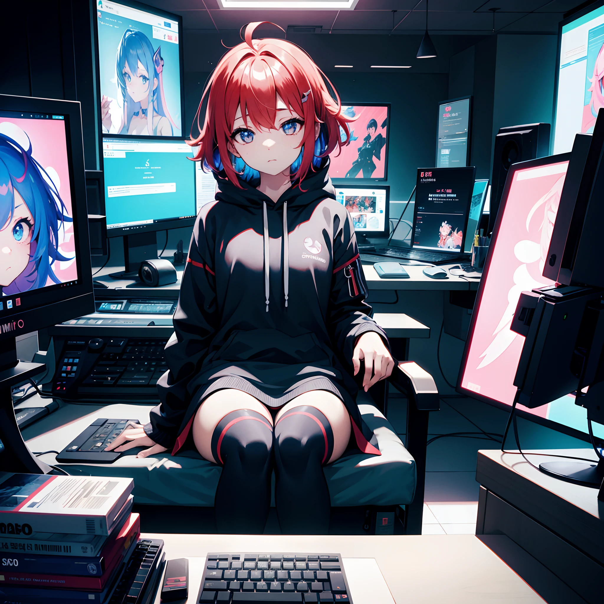 himeko honkai impact,PastelColors、dome、cute little, 1girl, wearing sci-fi clothes,ask to follow, aquatic sci-fi, absurdres, high res, ultrasharp, 8K, masterpiece, looking at viewer,masterpiece, high quality, highres, absurdres, ultra-detailed, 8k, 1girl, gradient hair, looking at viewer, colorful eyes, colorful hoodie, (sci-fi city), portrait, anime character sitting on a desk with a computer and a monitor, digital cyberpunk anime art, best anime 4k konachan wallpaper, trending on artstation pixiv, anime style 4 k, digital cyberpunk - anime art, guweiz on pixiv artstation, hand not visible