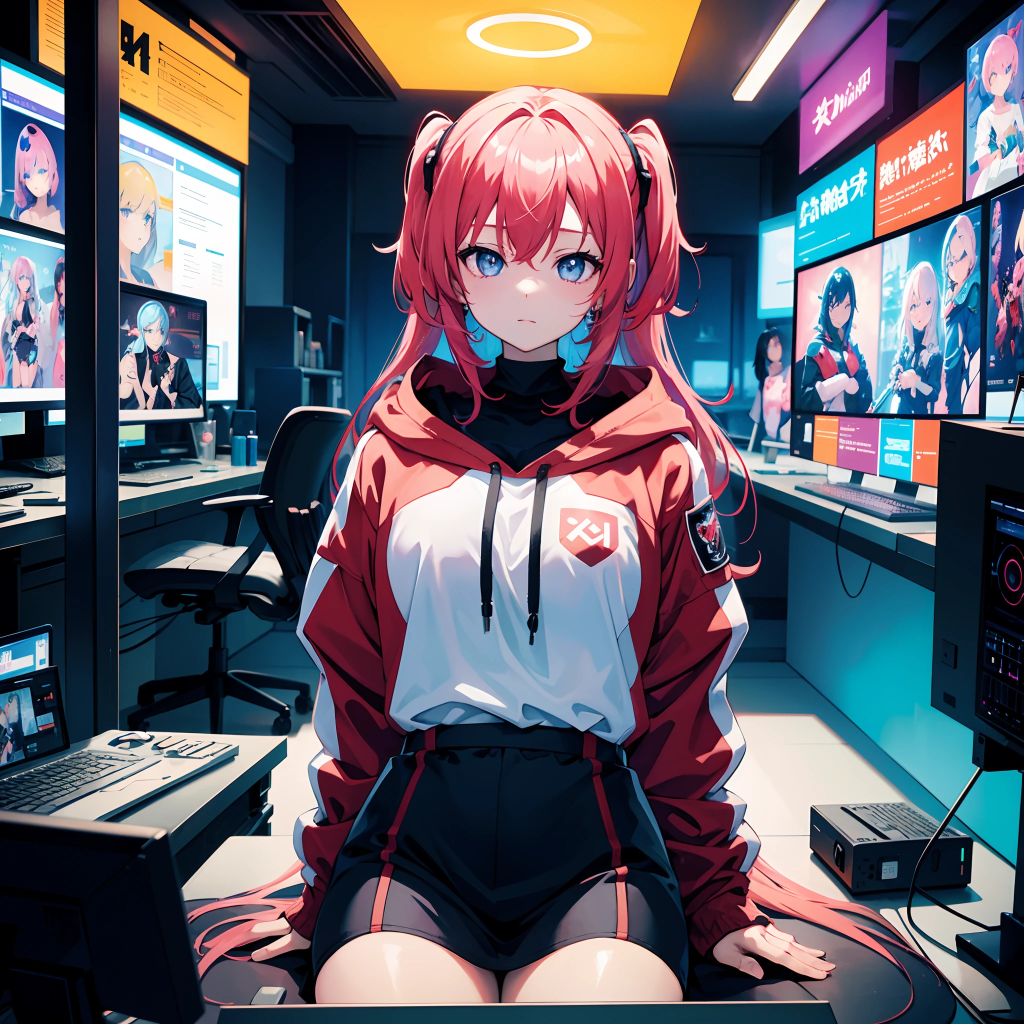himeko honkai impact,PastelColors、dome、cute little, 1girl, wearing sci-fi clothes,ask to follow, aquatic sci-fi, absurdres, high res, ultrasharp, 8K, masterpiece, looking at viewer,masterpiece, high quality, highres, absurdres, ultra-detailed, 8k, 1girl, gradient hair, looking at viewer, colorful eyes, colorful hoodie, (sci-fi city), portrait, anime character sitting on a desk with a computer and a monitor, digital cyberpunk anime art, best anime 4k konachan wallpaper, trending on artstation pixiv, anime style 4 k, digital cyberpunk - anime art, guweiz on pixiv artstation, hand not visible