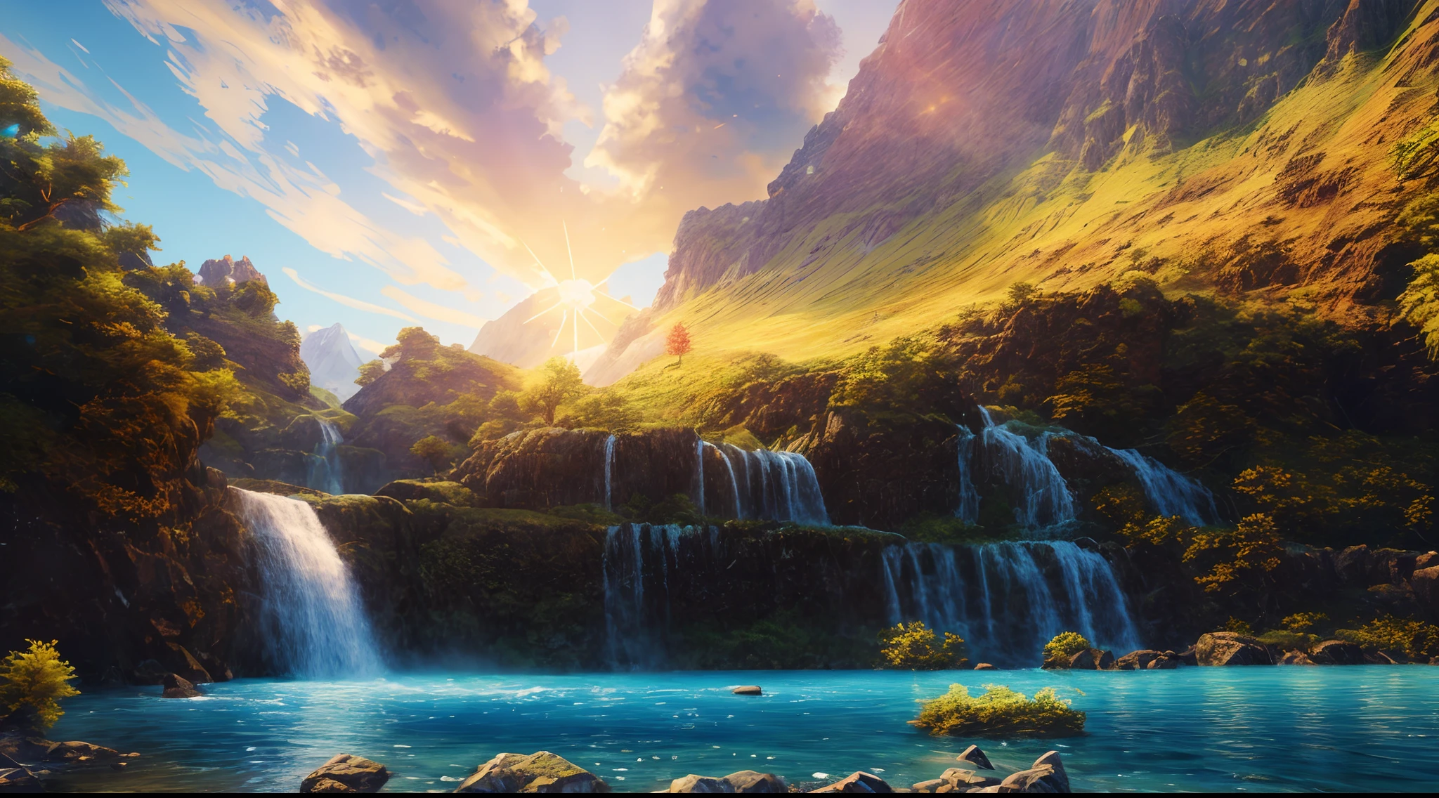 oil painting, beautiful waterfall, mountain landscape, bright summer light, clear blue sky, few clouds, 8k photo, high resolution, Perfect landscape, Io scenery, secret garden, sunrise, sci-fi, HDR, DOF, torches, Destiny 2 style