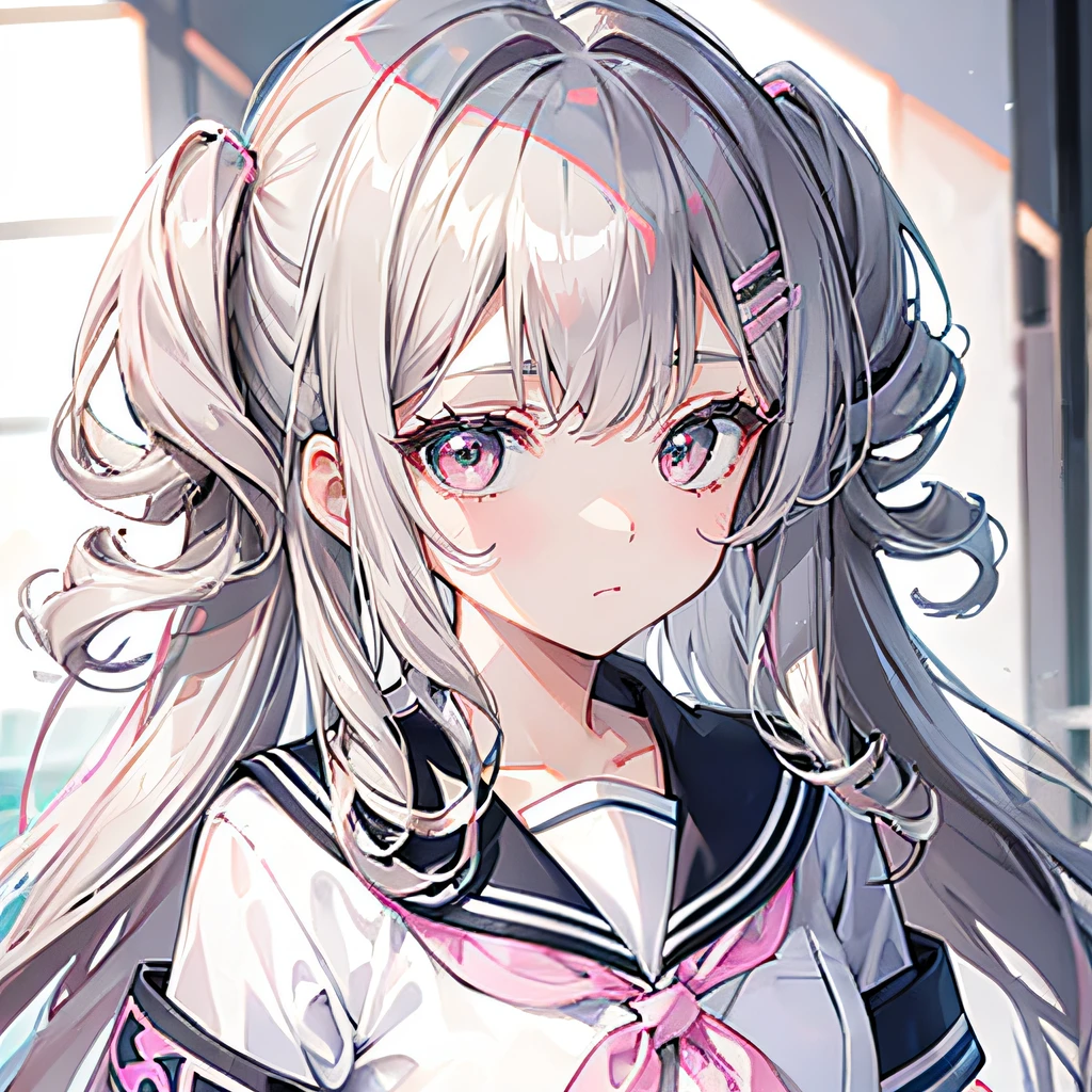 Silver-gray hair,Pink-brown eyes,long whitr hair,curlies,adolable,s girl,JK school uniform,frontage,frontage,frontal photos,ID photo