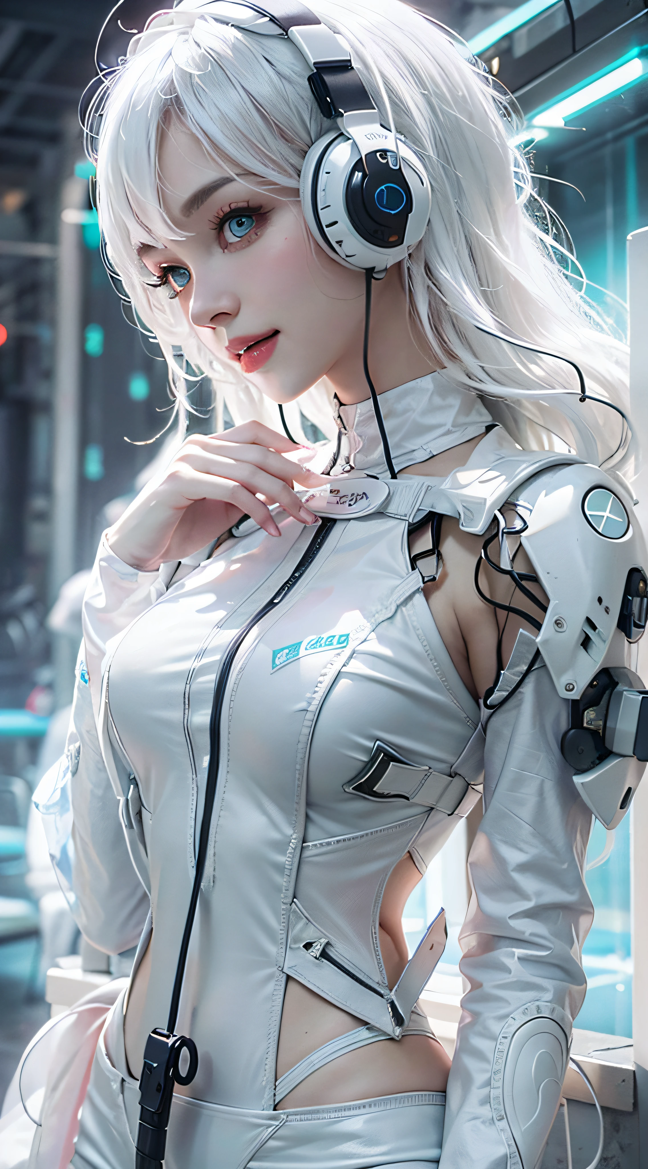 The enchanting woman raised her hand happily,Beautiful Women with Perfect Figure,Beautiful white skin,Beautiful eyes,Glossy lips,Lovely smile,White hair,Wear a bikini futuristic Lolita costume in white and black design,Headphones with functionality,Stand inside a neon-lit bar,Wear white headphones