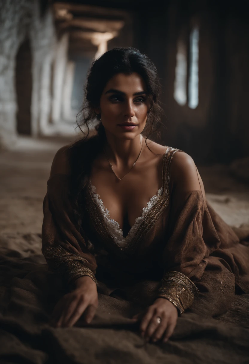 Exquisite painting style and high-quality live-action photography 8K) In the frontal dungeon, a Persian woman is lying on the ground with her legs spread out, her face is humiliated 1.3, her eyes are rolled 1.3, her hair is messy, there is a dead baby on the ground, she is wearing loose clothes Matching outfit, disheveled and nose ring. Overall white theme, Abdominal white liquid