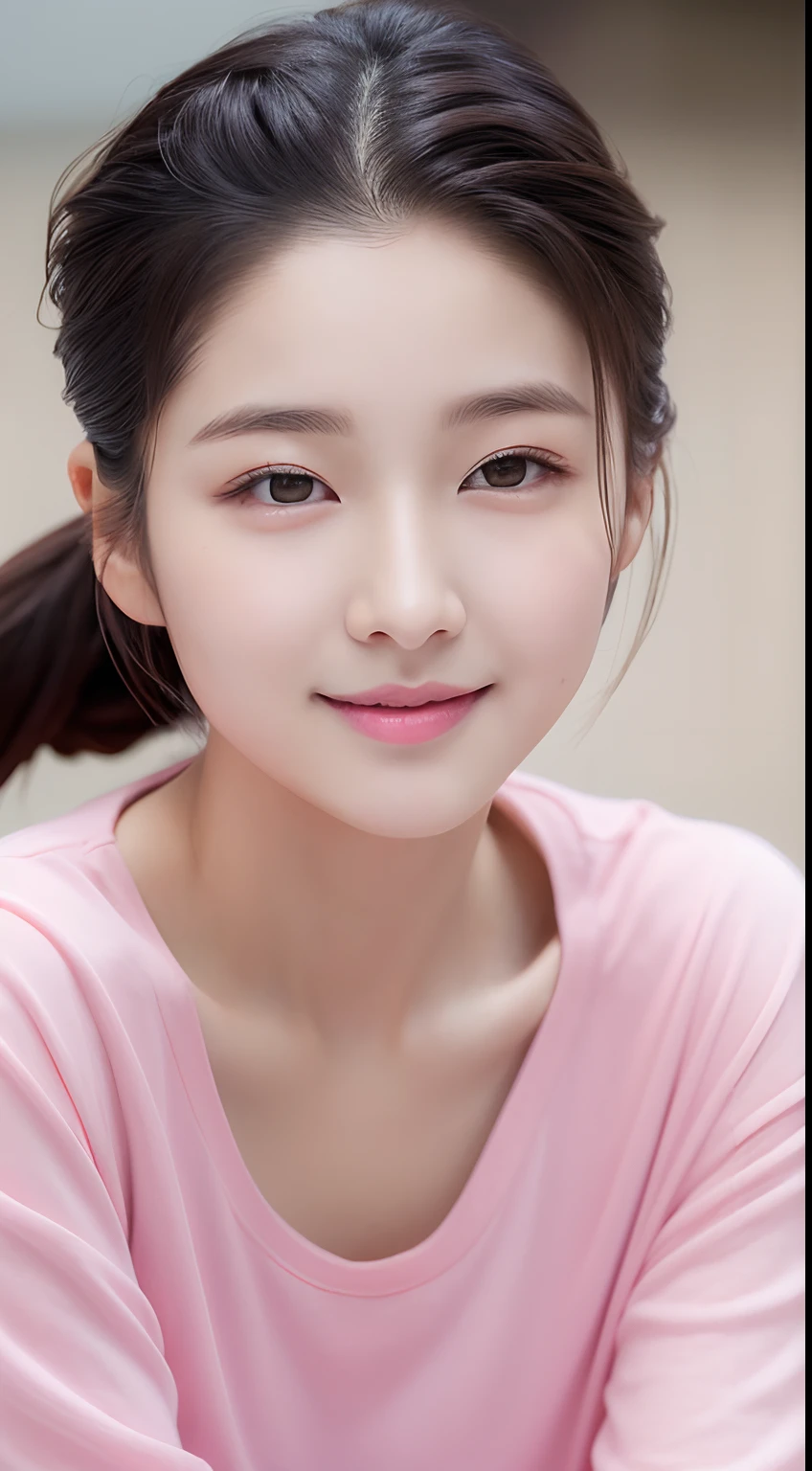 Realistic photos of (1 cute Korean star) slicked hair back, thin makeup, slightly smile, 32 inch breasts size, wearing pink t-shirt, pants, sitting in front of the school, close-up portrait, UHD