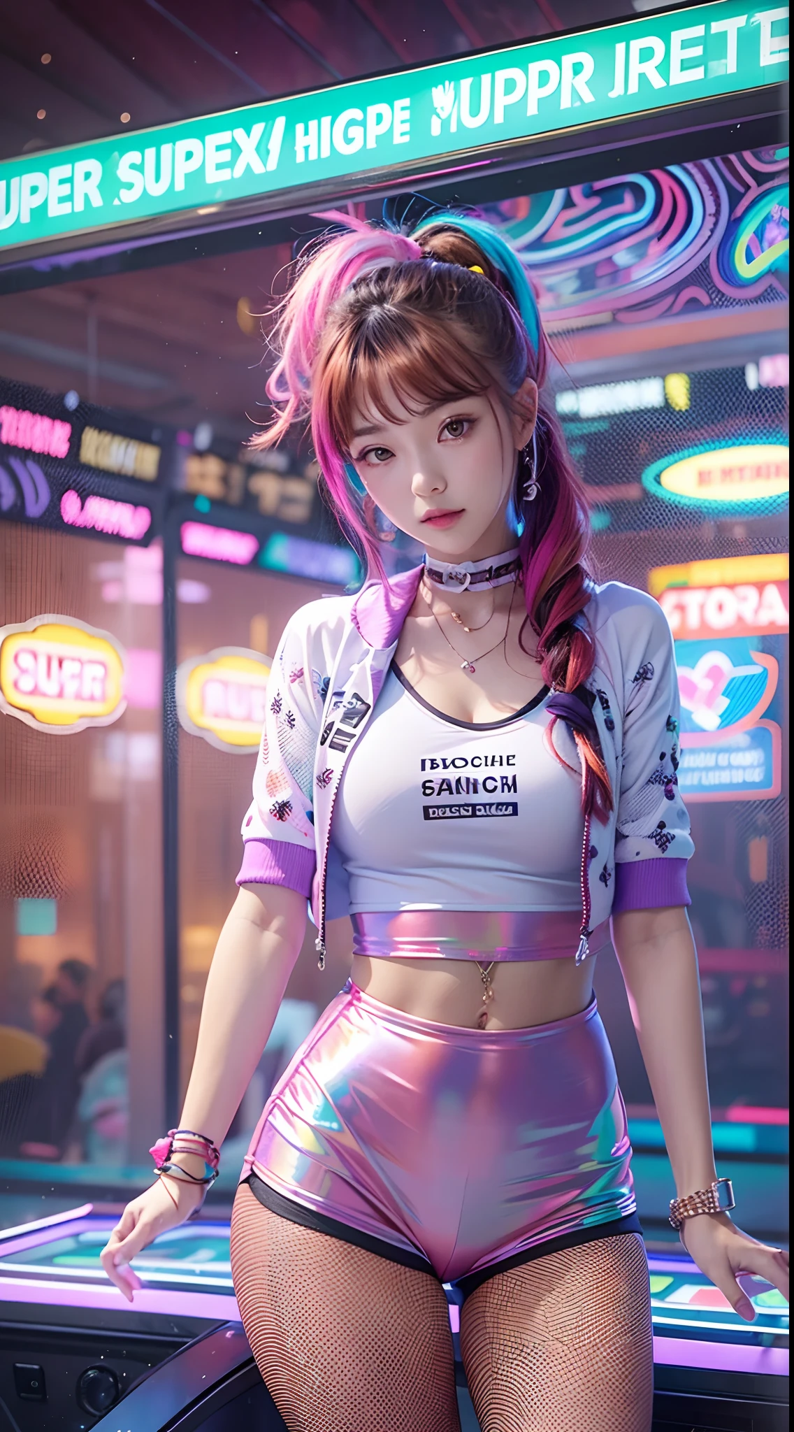bandeau, 1girl, festival rave, night, rays of light, eoc, delirium, highres, lens reflection, led, masterpiece, cinematic lighting, perfect skin, long and vivid colored hair, toned, cameltoe, focus on breasts, focus on legs