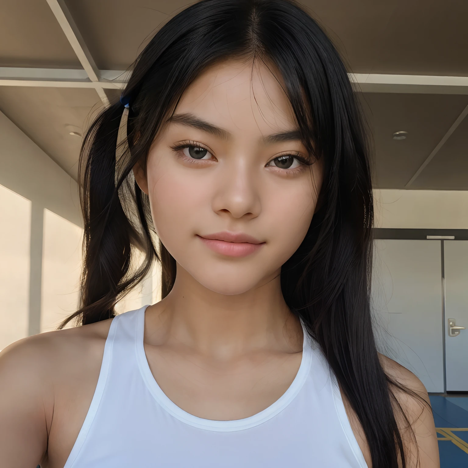 Very young female, half chinese, small slit-eyed, black hair, flawless white skin, long hair, photorealistic, best quality, hyper detailed, middle school student, beautiful woman, selfie photo, upper body, solo, in a sport center, without makeup, school (cheerful, happy), looking at viewer, skin texture, film grain, close up, ultra high res, best shadow, RAW, instagram LUT