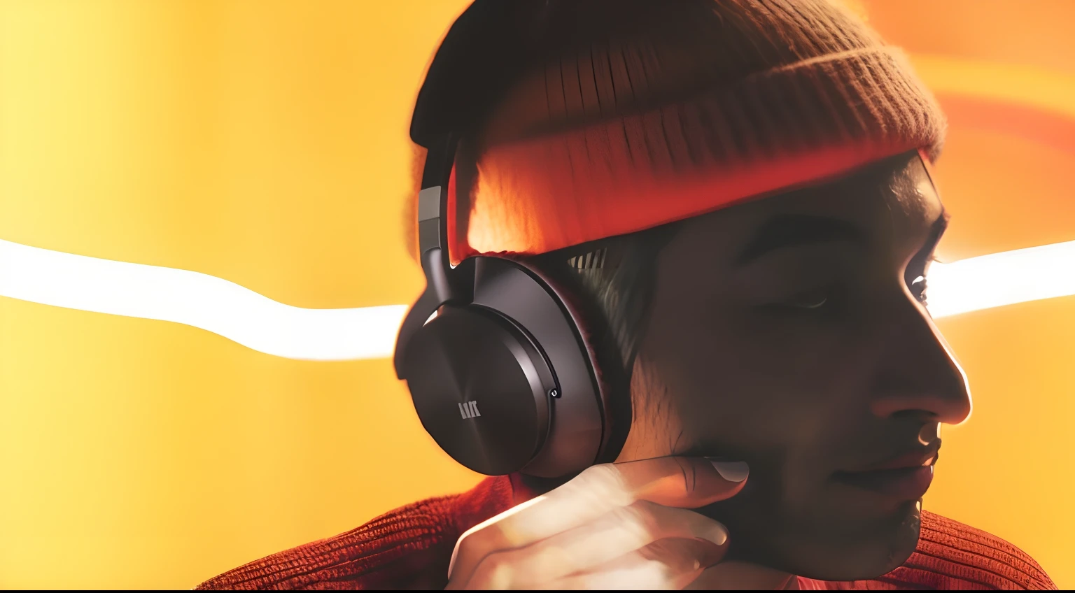 Da ist ein Mann, who wears headphones and a red sweater, Wearing black headphones, with headphones, with headphones, Headphones on, Holzkopfhörer hyperrealistisch, audiophiler, Huge headphones, die abrocken, Wearing headphones, Wear modern headphones, Modernist Headphones, Video-Standbild, He's got headphones, close up portrait shot, Headphones on the head, Listening to divine music, headphones