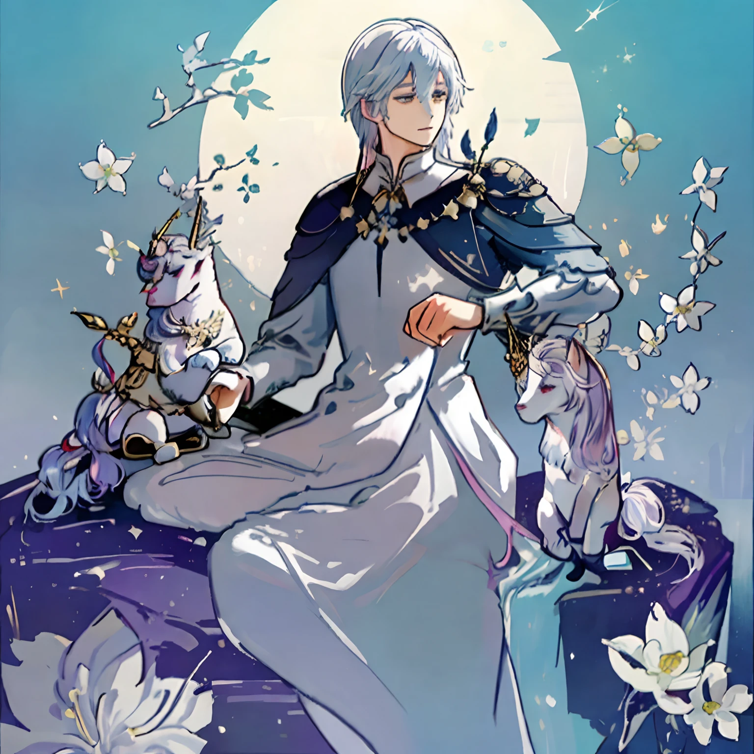 A unicorn,starrysky,luxury goods,dream magical,blossoms,The white fox lay on his shoulder