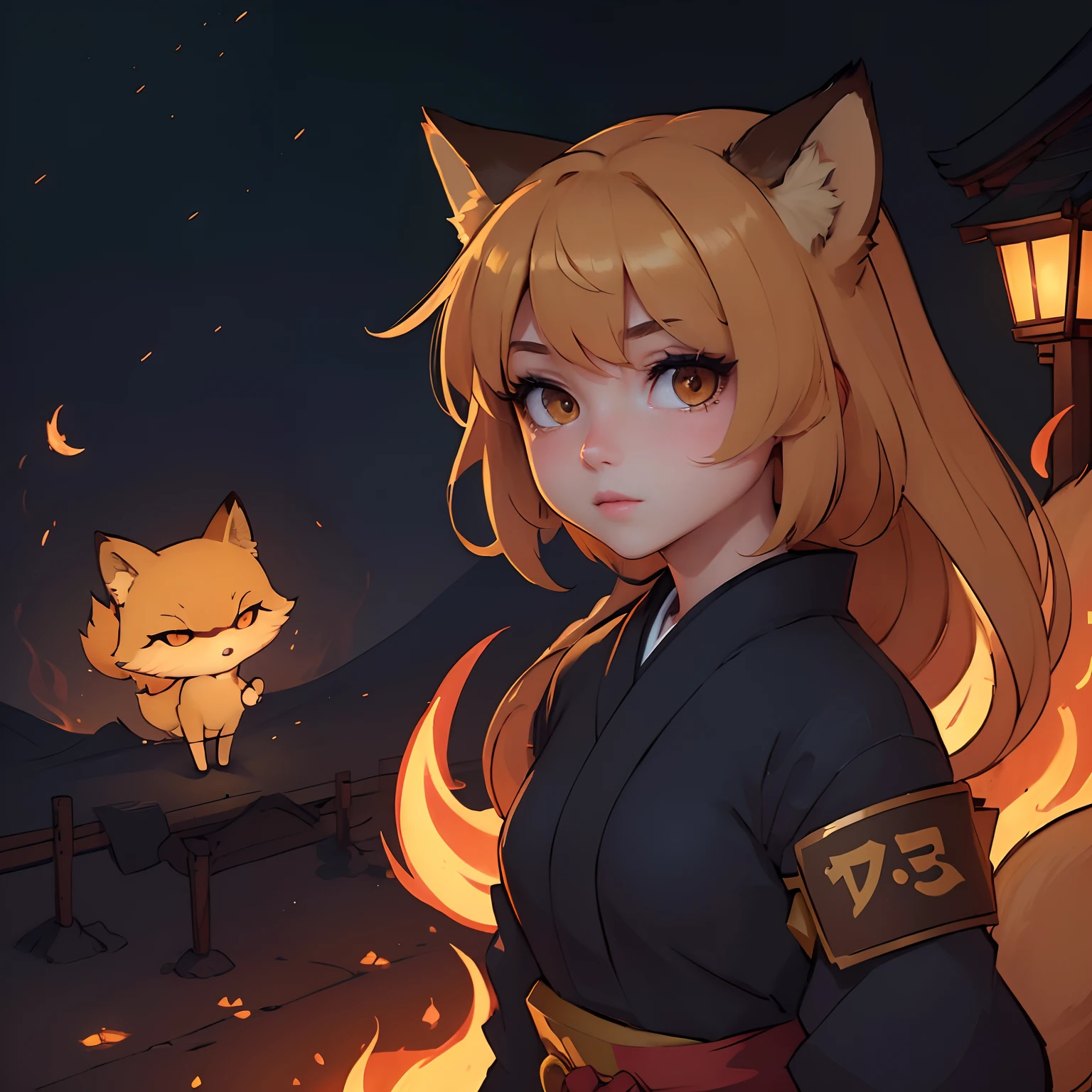 ((Best Quality, 8K, Masterpiece: 1.3)), 1girl, Fox-looking Slim with 9 syrups and with a burning golden on a dark night with a Japanese city with ambient lights and a gloomy lighting focus on the girl and with lus and shadow effects caused by the illuminated aura.