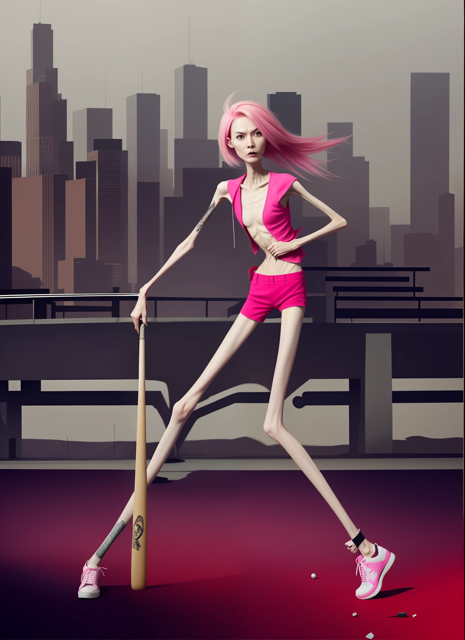 A thin woman with pink hair and a baseball bat, Emaciated body and hungry stomach,Very slim waist and legs,anger expression,Thin figure,Sunken abdomen