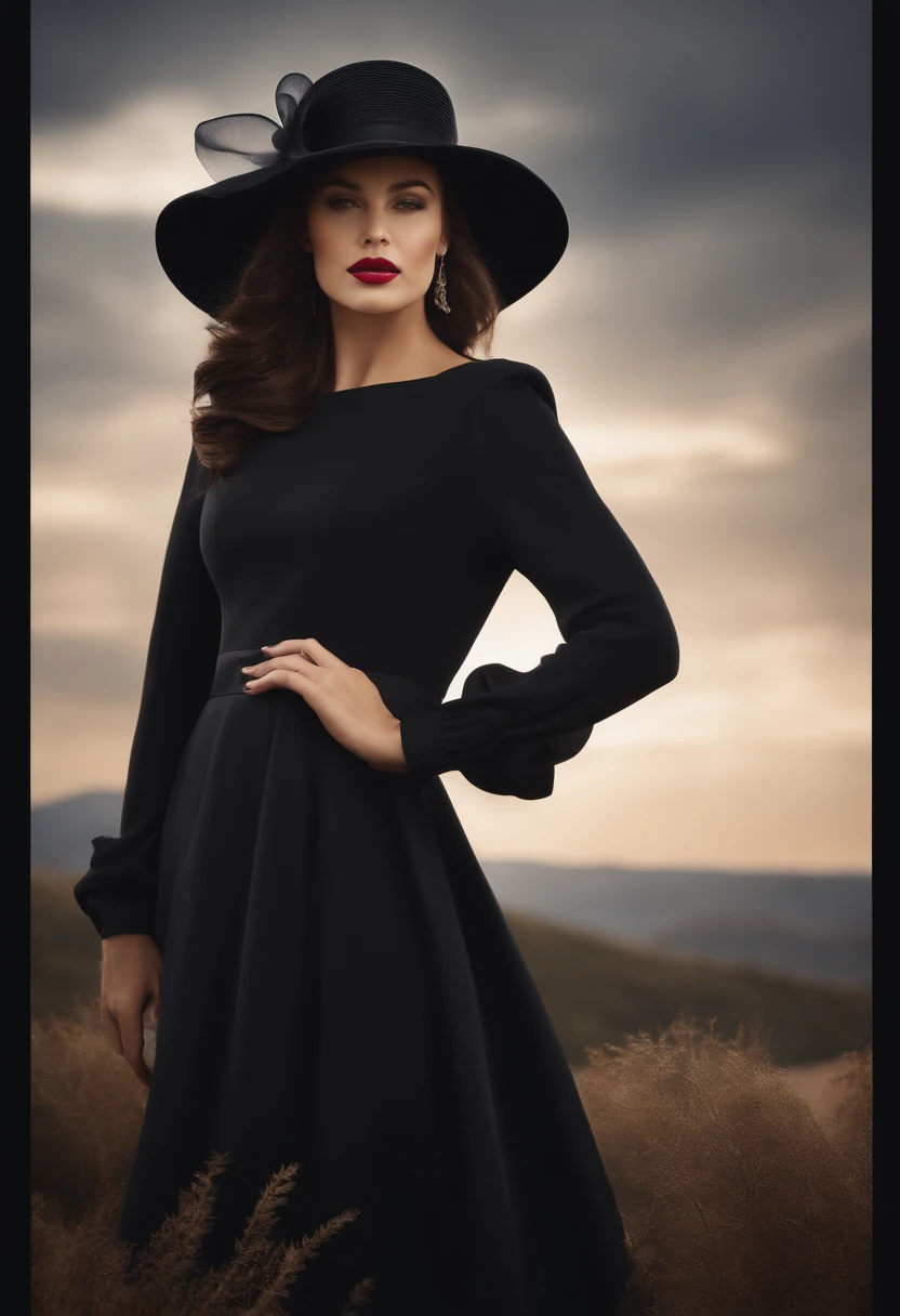 Full length photo,woman p1960, short black hair in swan style, 60's style face in 60's style (Mod Look), standing on the road holding an old brown leather bag beside the body, the face and eyes look scared, standing on the lonely road, surrounded by darkness, with only light from the roadside pole, the sky with the moon and clouds looks scary in the dark atmosphere. 35mm film photo, realistic photo in old photographic style, the photo has a slight hand shaking effect and from the flash, dark and gloomy color tone, photography, detailed skin, realistic, photo-realistic 8k high detail, full length frame, RAW color art, high detail, deep, soft light, shallow depth of field, sharp focus, hyperrealism, cinematic lighting.