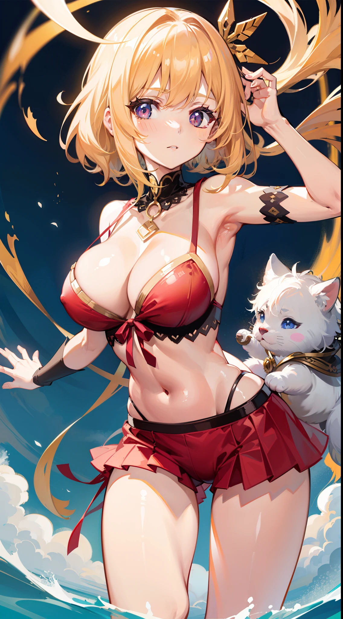 masutepiece、hight resolution、1girl in、in one's underwear only、Golden lingerie、large full breasts、bending forward、Poses that emphasize breasts、Cute anime illustration、