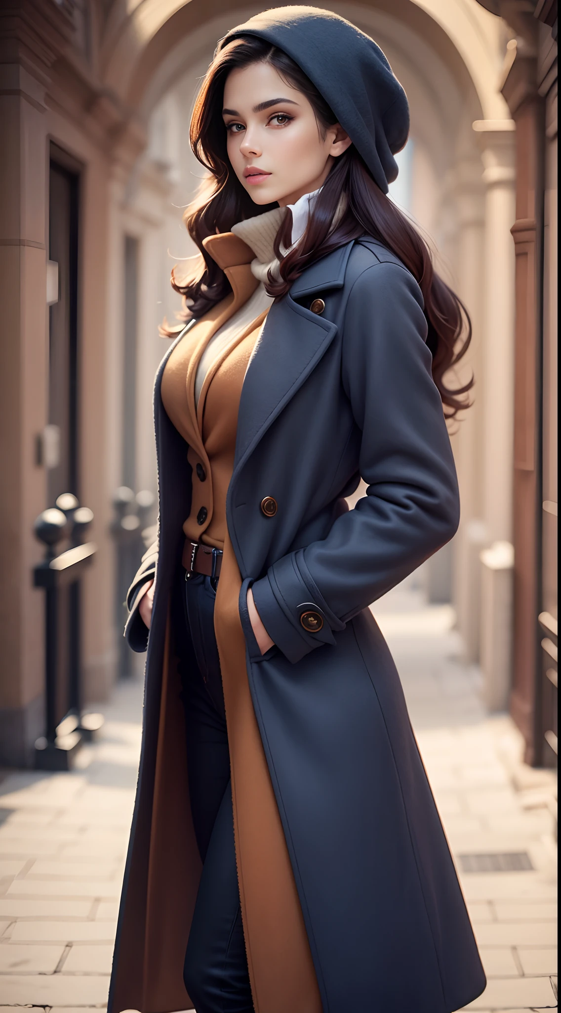 Beautiful model posing in wool felt coat for posing，