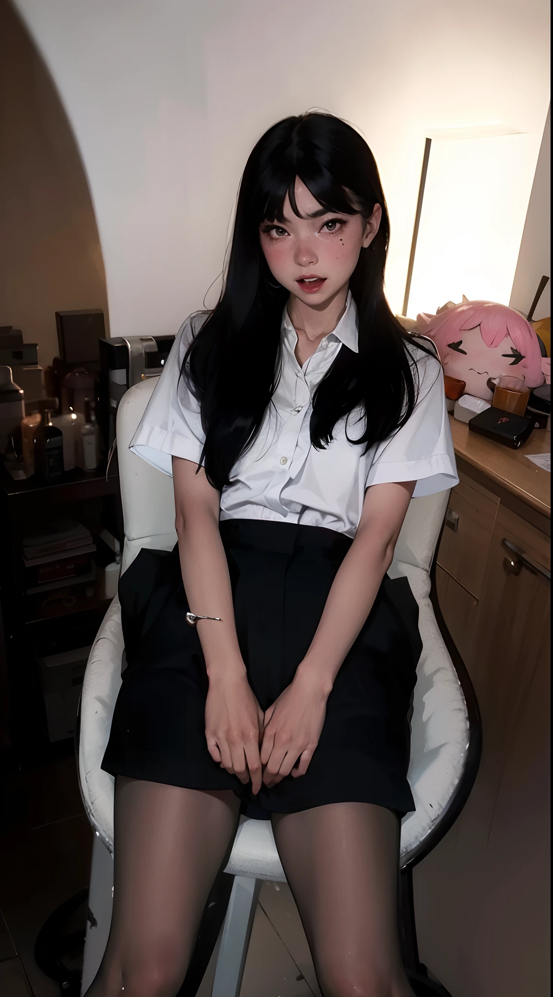 hair bobbles, fake animal ears, ear blush, fang, silver hair, messy hair, mole under eye, cat ears, grin, anaglyph, stereogram, tachi-e, pov, atmospheric perspective, depth of field, modern, modern, anime, 8k, super detail, ccurate, best quality, 4K
