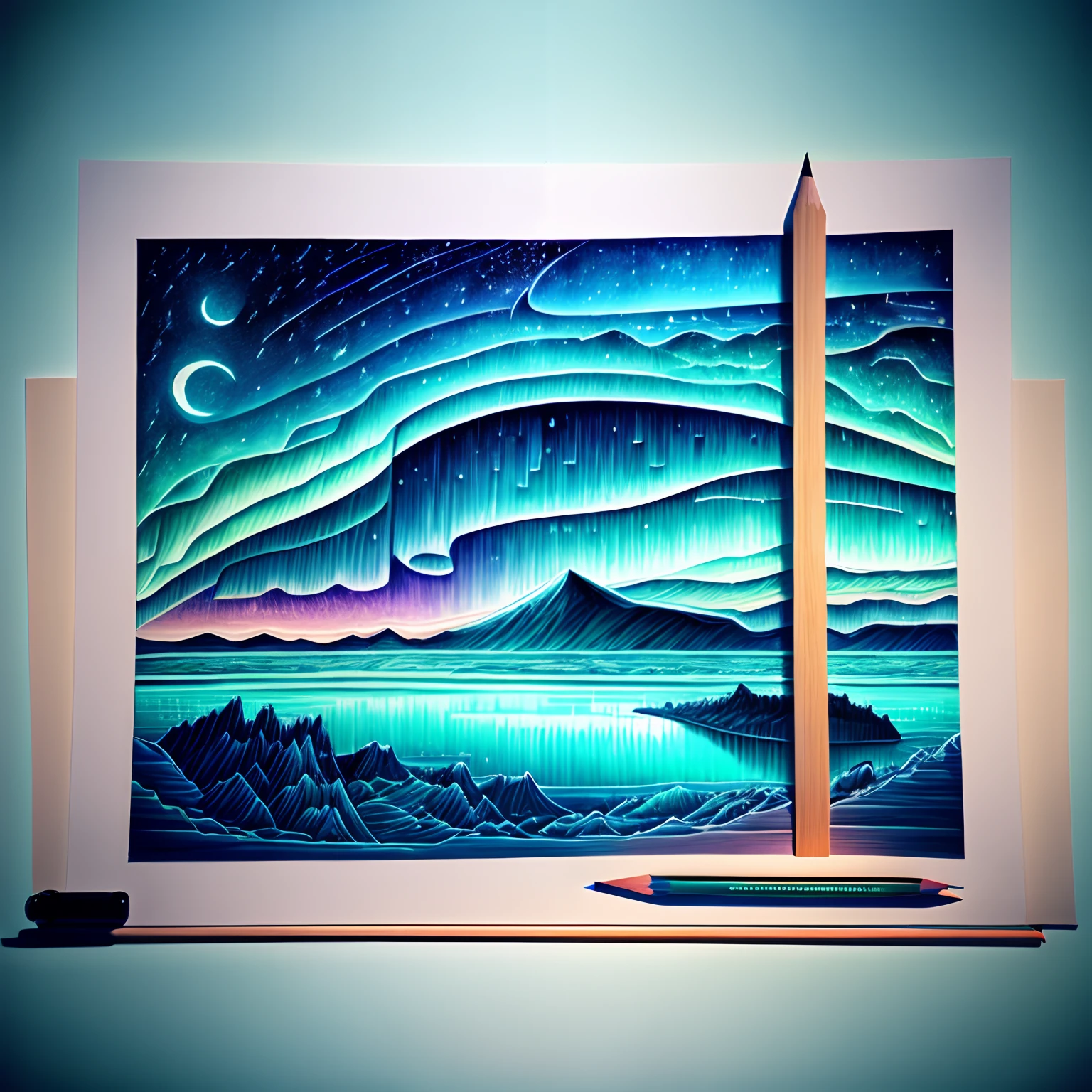 panorama, landscape, at night, pencil drawing, aurora, glacial ocean, vivid coloring, clear atmosphere, schematic diagram --auto