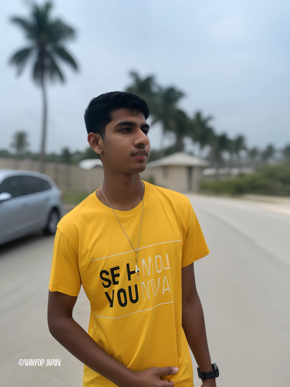 arafed man in yellow shirt standing in front of a car, wearing a modern yellow tshirt, wearing yellow croptop, jayison devadas, he is about 20 years old | short, wearing a t-shirt, portrait shot 8 k, male ager, he is about 20 years old, he is about 2 0 years old