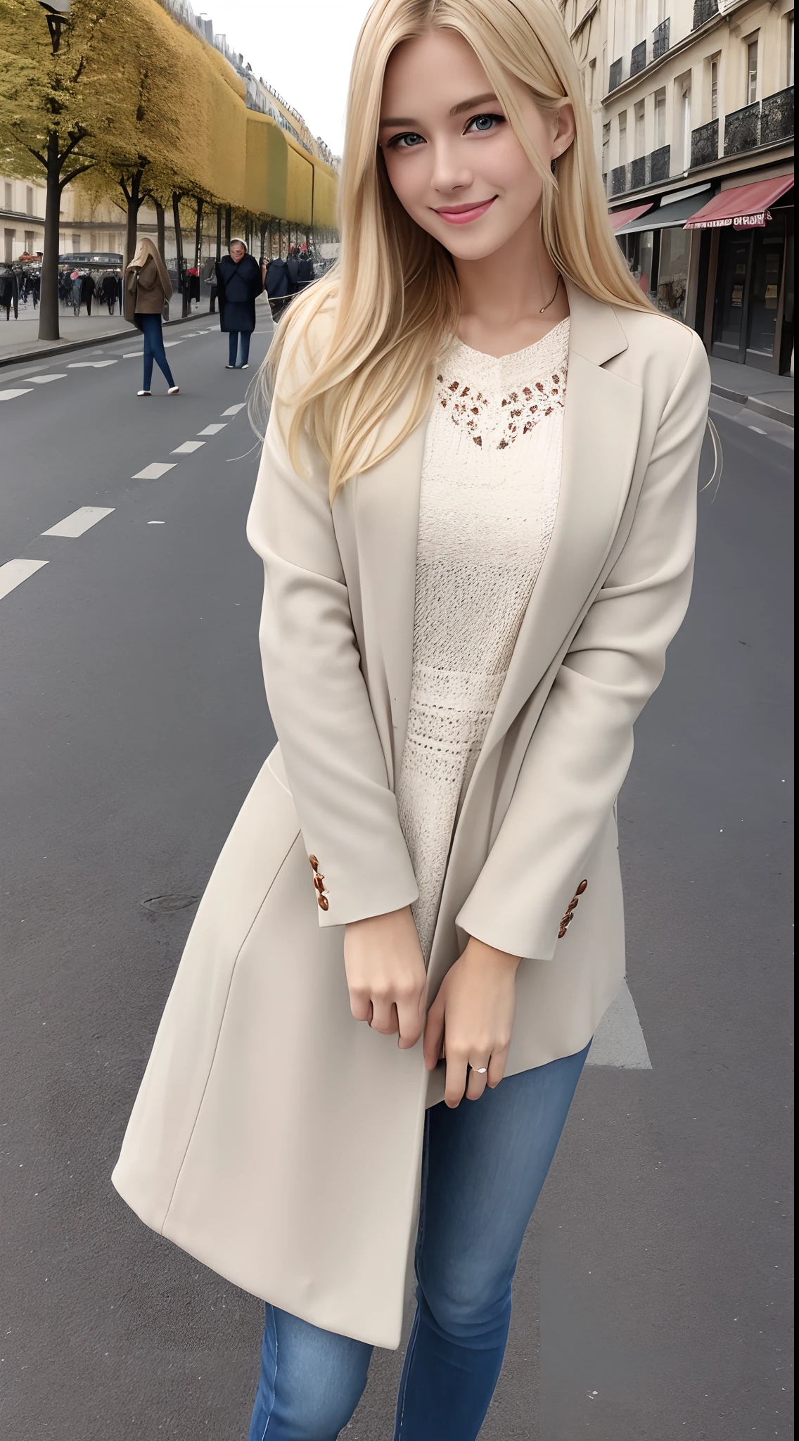 4K、top-quality、masutepiece、a blond、Americana、Beautuful Women、bule、,Plain clothe、Looking at the camera、a smile、Paris Downtown