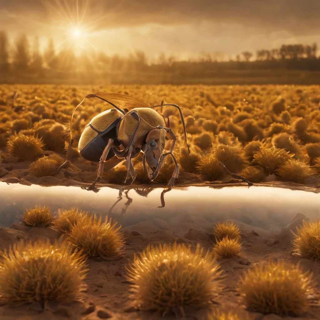 a golden transparent ant wearing a wizard hat, (tmasterpiece,Best quality:1.2),200 mm 1.4F macro shooting,very delicate beautiful,the best lights,The best shadow,Render the background, stylized 3d render,Beautiful scenery, Autumn, Long lens tracking photography