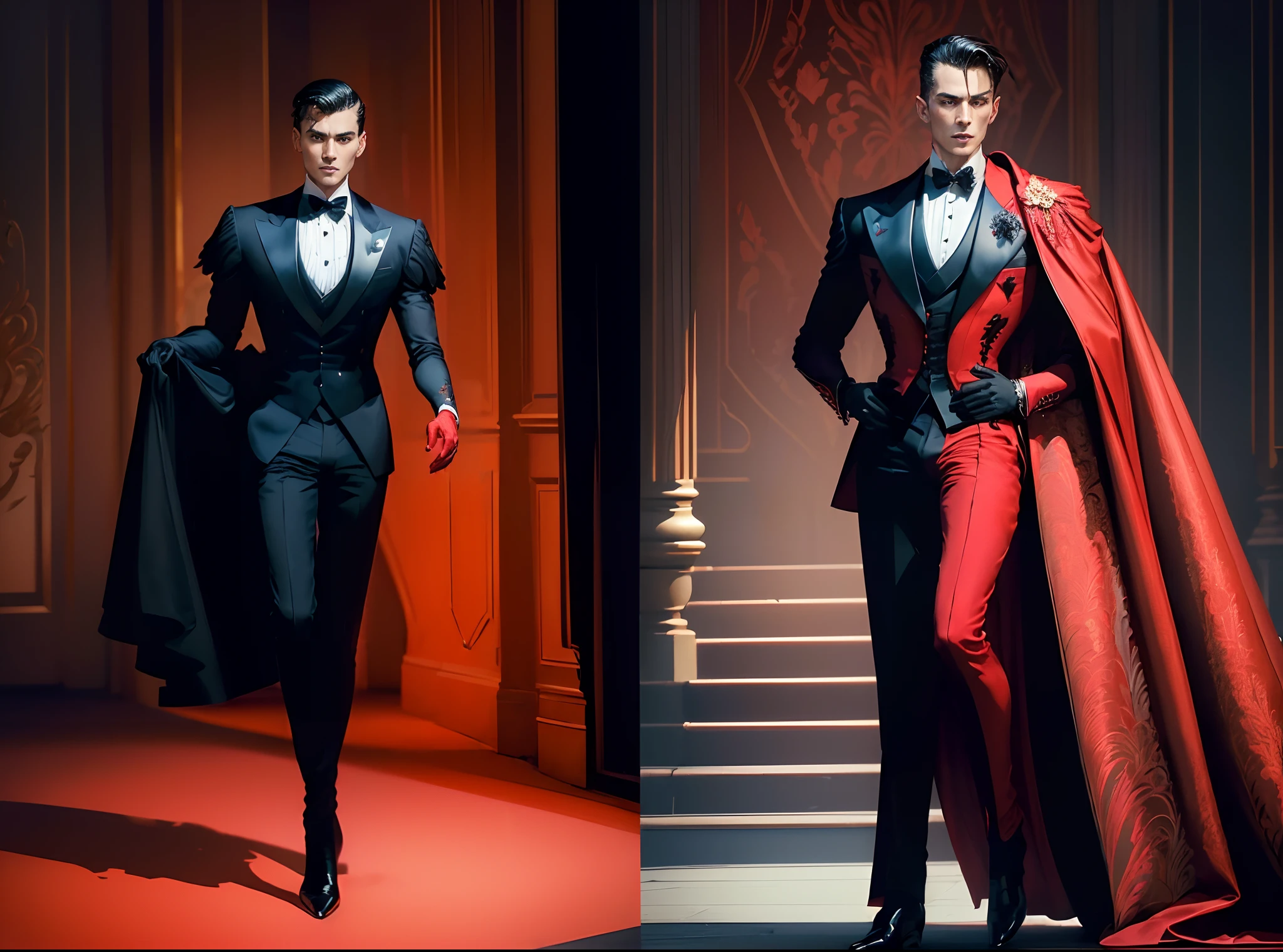 ((Masterpiece, Best quality,Edge quality)),face expressionless，Slim body，High percentage,(Baroque style，Conservative style，red colour，Plain suit，guard，Dignified and noble，Full body photo of boy standing,Photos of the catwalk from head to toe，Pointed toe footwear,vintagestyle，edgTM, A man is in ((Dance performance tuxedo)) Stand on the catwalk ,dressed stylishly, red style，Vintage romantic suit set，Intricate decoration，luxurious fabrics，Fine tailoring，Business suit，ellegance，Solemnity and majesty，Black and red style，Ruffled collar，