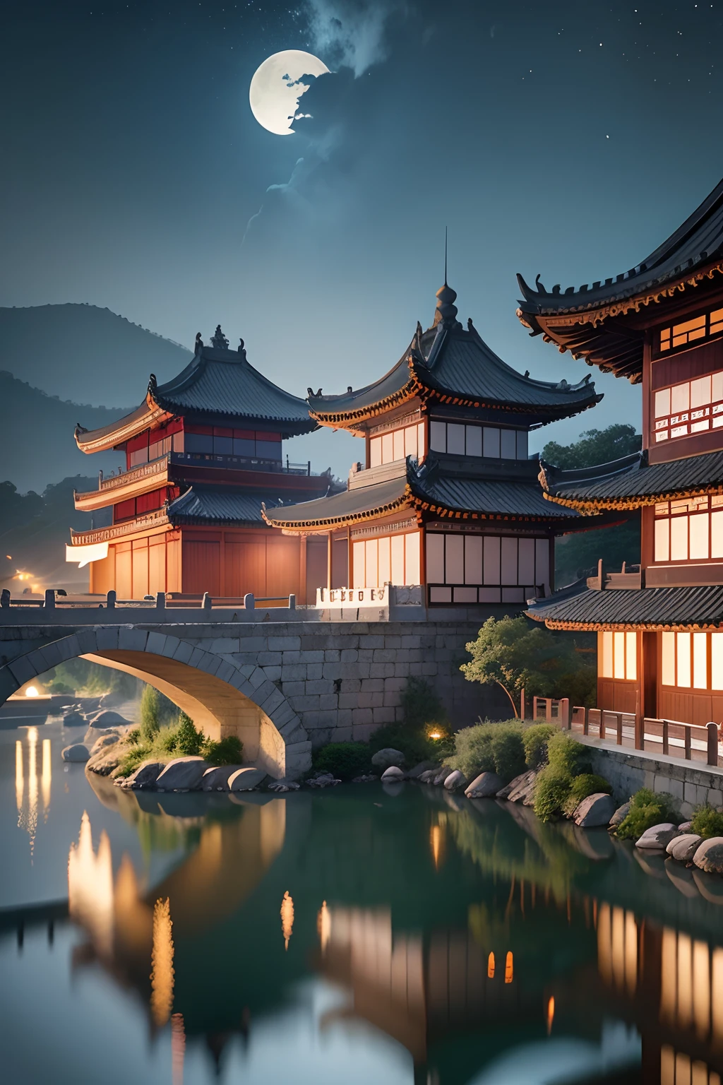 White walls and black tiles，Tang Dynasty architecture，old castle，nighttime scene，Jiangnan Water Town，Mountains in the background，There are pagodas
