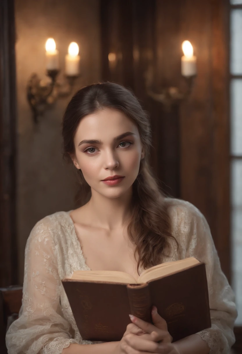 (Best quality,4K,high resolucion,Masterpiece:1.2),Realstic,Ultra-detailed,professionnel,Detailed eyes and face,beautiful detailed lips,extremely detailed eyes and face,longs cils,Hdr,UHD,Peinture ultra-fine,mise au point nette,Rendu physique,studio lighting,Couleurs vives,Bokeh,Portraits,Une femme,environ 28 ans,sitting in an old bookcase,on a cloudy day by candlelight,dans un fauteuil,Studying Magic,with a book floating on one side and a notebook and pen on the other.