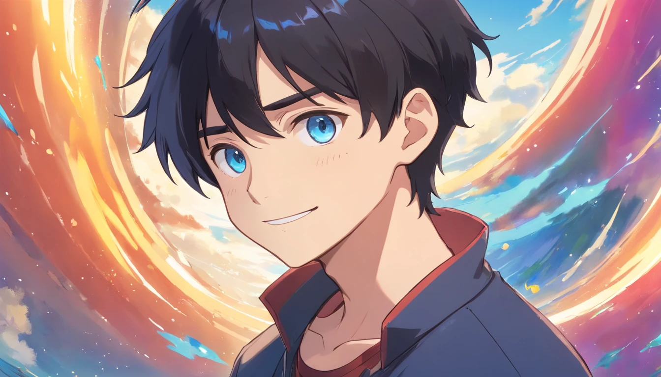 smile,fullbody shot ,various angles.Black hair, Anime style, Character Chart, One-person viewpoint, Anime boy with UHD black hair and black shirt, young anime man, anime moe art style, Anime Boy, Smooth Anime CG Art, Male anime style, artwork in the style of guweiz, A cute boy,rainbows,Anime portrait of a handsome man, digital anime illustration, Short anime guy with blue eyes, male anime characters, boy has short black hair,nffsw,
