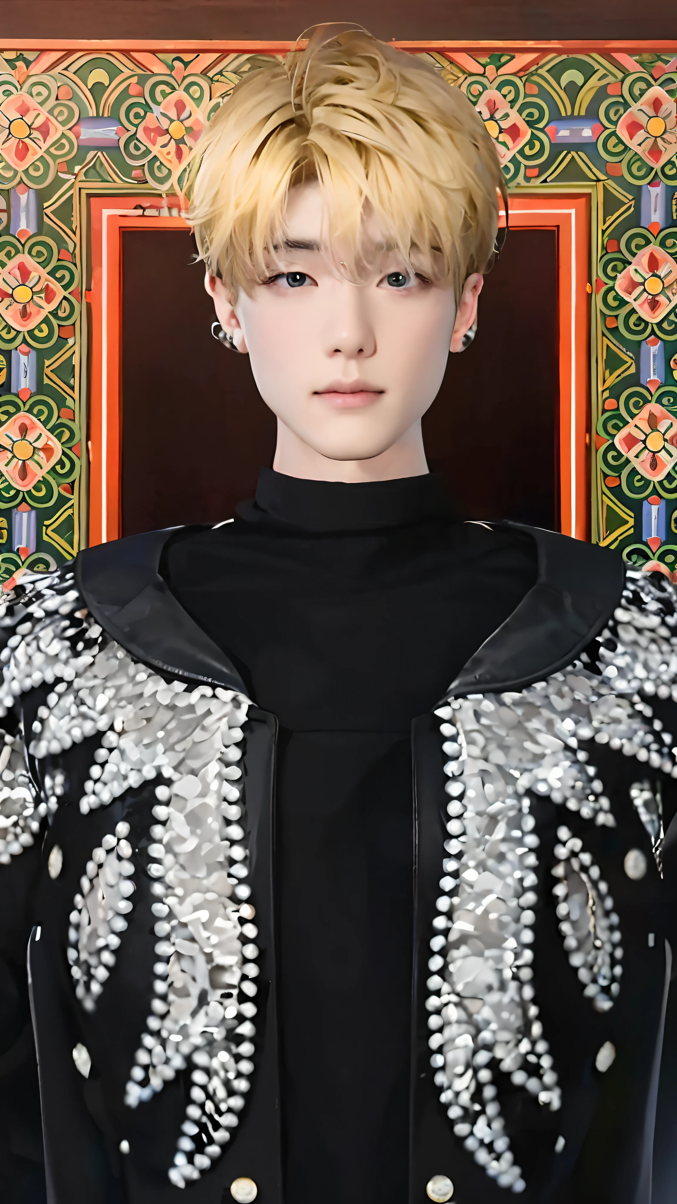Realistic male with yellow hair and black eyes wearing a black jacket, ultra high quality, realistic, too handsome