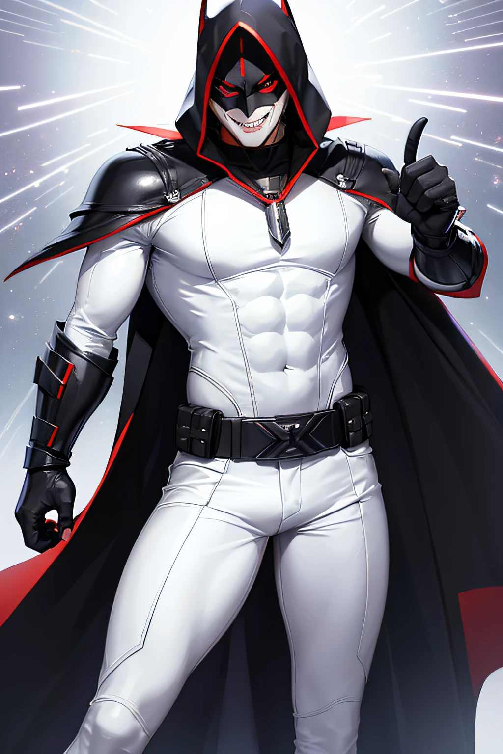 1male, Villian, Superhero, mask with evil smile, white leather outfit, with metal plating, finger guns shooting a beam of light, giant toy train,