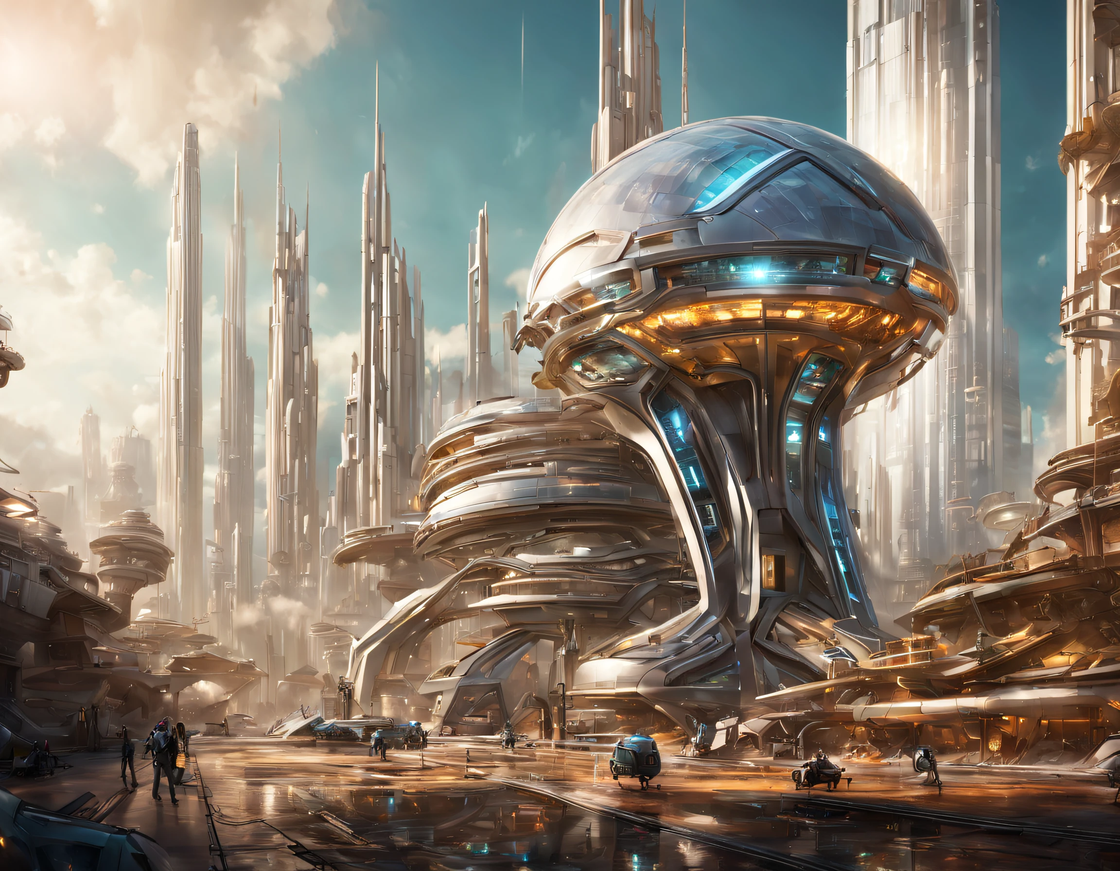 On an unknown planet there is a futuristic city with immense buildings of technological design, con estructuras acristaladas en plata, oro y bronce espectaculares en la que sobrevive un robot femenino espectacular. con colores vivos. pavimento ensolado.