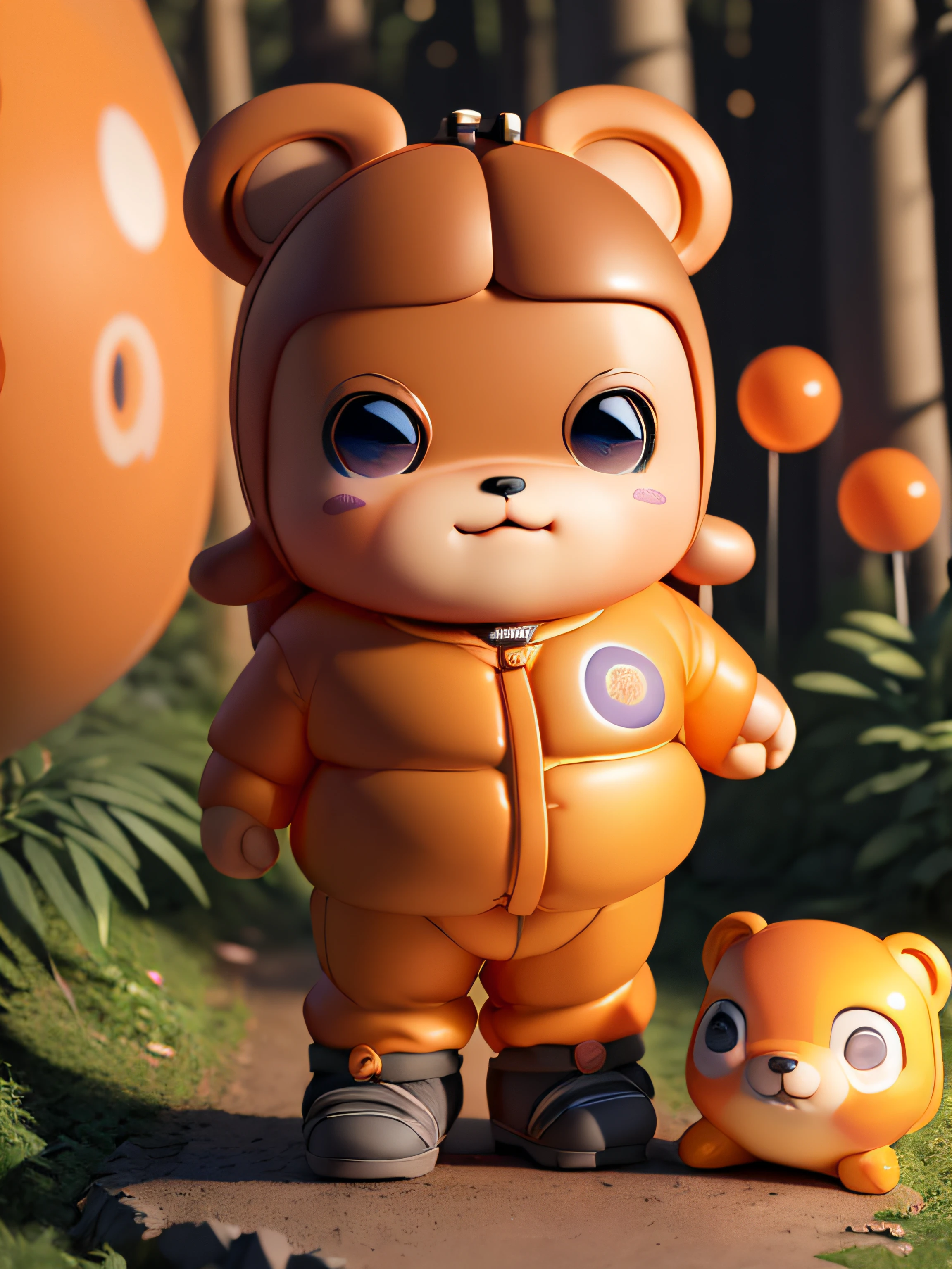 (Daisaku),(Extreme),(ultra - detailed),(Vene:1.9),(1 bear:1.6),rays of sunshine,adolable,Orange,(big headed:1.6),little bear,ssmile,Open-mouthed,ln the forest,Wear hiking clothes,The tree,Orange color,Blurred,(A detailed face),(A detailed eye),