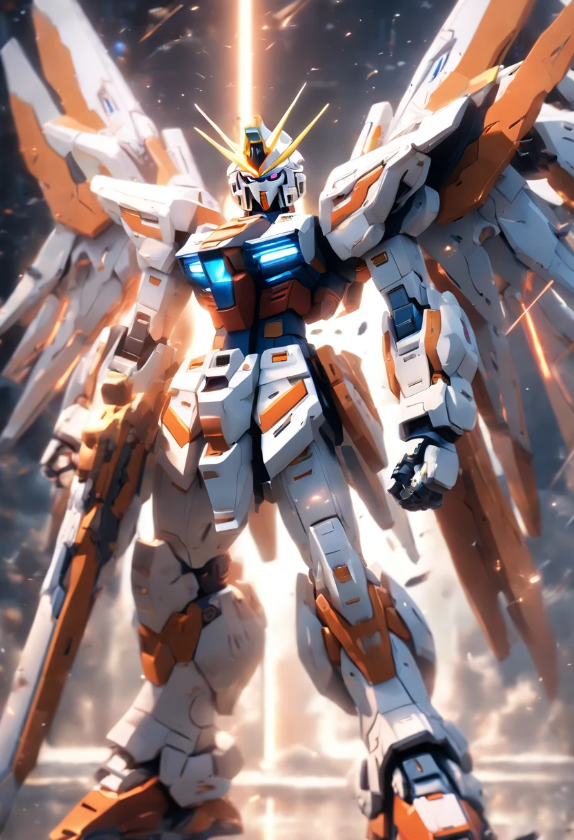 Dynamic photography,fuji, longexposure, a white and orange Gundam mecha,in the style of Gundam,spread the wings,lensperspective with a sense of story, displayed in afighting posture, dispersion,feature article,studioenvironment,fighting posture,soft ambient light,with high-definition details, metallic textureand tension composition, ultra realistic, C4D, OCRender, 3D,ultra HD16k, --ar 3: 4--niji 5