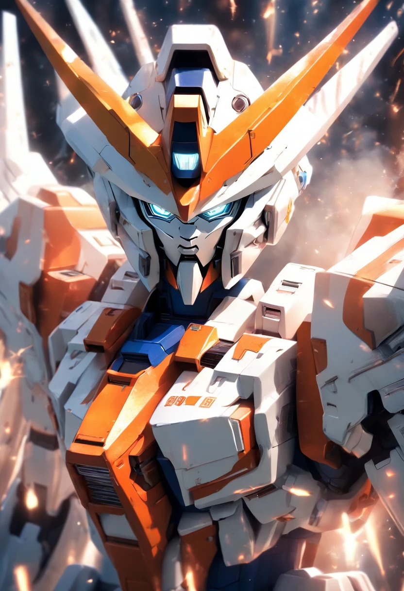 Dynamic photography,fuji, longexposure, a white and orange Gundam mecha,in the style of Gundam,spread the wings,lensperspective with a sense of story, displayed in afighting posture, dispersion,feature article,studioenvironment,fighting posture,soft ambient light,with high-definition details, metallic textureand tension composition, ultra realistic, C4D, OCRender, 3D,ultra HD16k, --ar 3: 4--niji 5