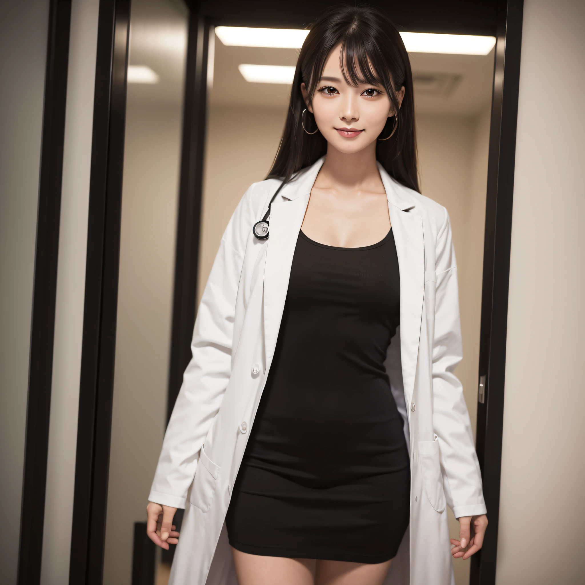 One Doctor Woman、((best qualtiy、8k masterpieces:1.3))、foco nítido:1.2、(ultra beautiful faces:1.0)、(shinny skin:1.0)、photos realistic、A dark-haired、Video Lighting、High-definition eyes and face、Video Lighting、Japan Idol Actress、from the front side、medium breasts、Smile、Slender Abs Beauty、Whole body、wearing lab coat