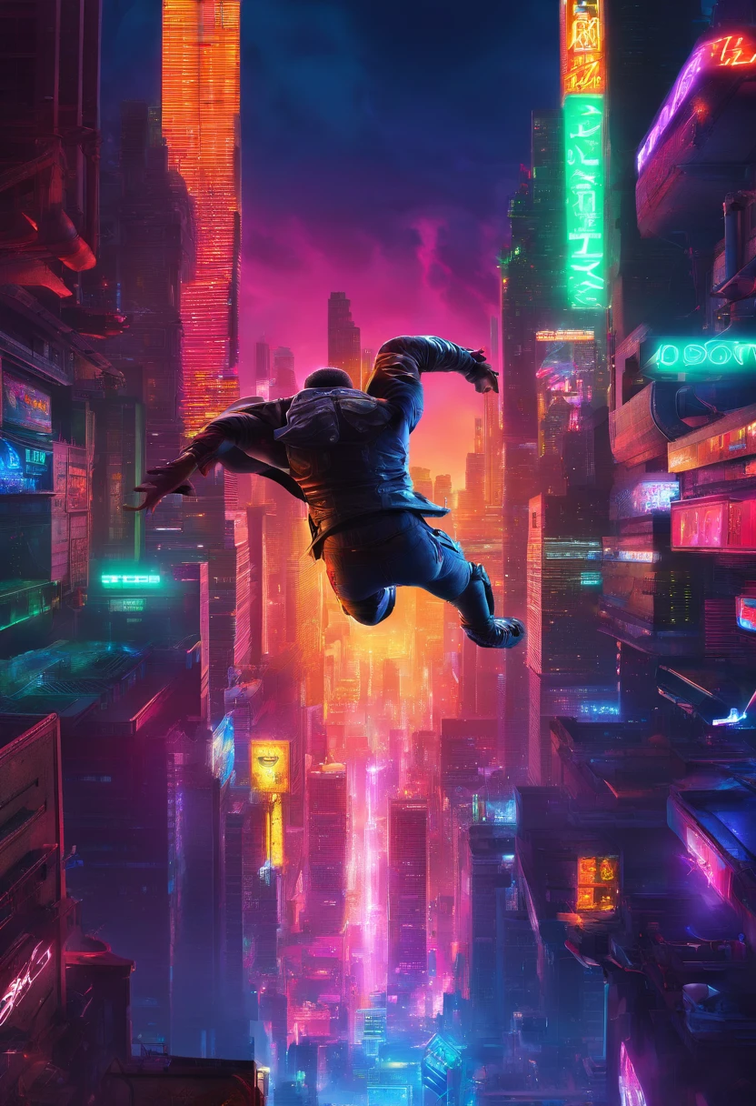 a superhero falling down,  from the sky, his head is down, thunder behind him, his hand fist is about to hit the ground, high details, the background is skyline upside-down