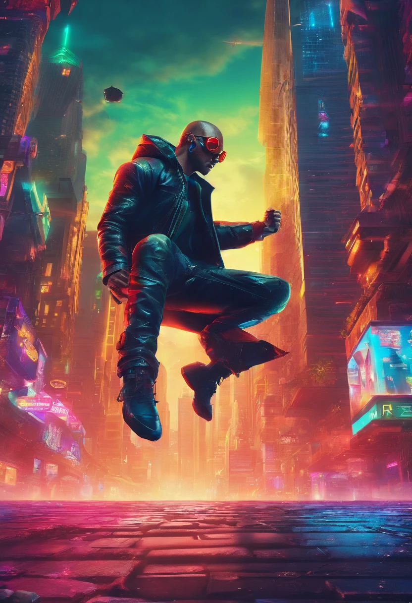 a superhero falling down,  from the sky, his head is down, thunder behind him, his hand fist is about to hit the ground, high details, the background is skyline upside-down