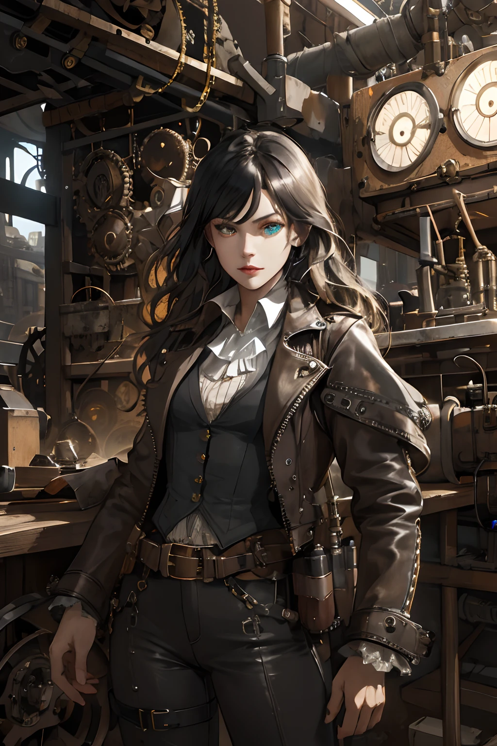 (absurdres, highres, ultra detailed), 1woman, mature female, aged up, wavy long hair, split-color hair, heterochromia, bangs, long sleeves, finely detailed eyes and detailed face, extremely detailed CG unity 8k wallpaper, intricate details, (style-rustmagic:0.8), (medieval cyborg:0.8), portrait, (bloody wounds:0.7), looking at viewer, solo, half shot, detailed background, (steampunk theme:1.1) determined expression, dark couds technomancer, floating lights, color leather vest with gears, techwear, jetpack, workshop in background, machines, gears, steam, industry, technology, furnace, grime, anvil, buttons, levers, automaton, electricity, electric sparks epic atmosphere,, portrait