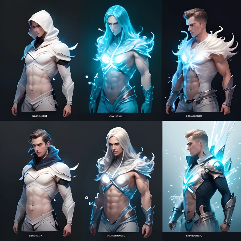 schematic and detailed drawing of modern hero with water magic in different projections, Artist reference, Full-length image with demonstration of abilities, text board