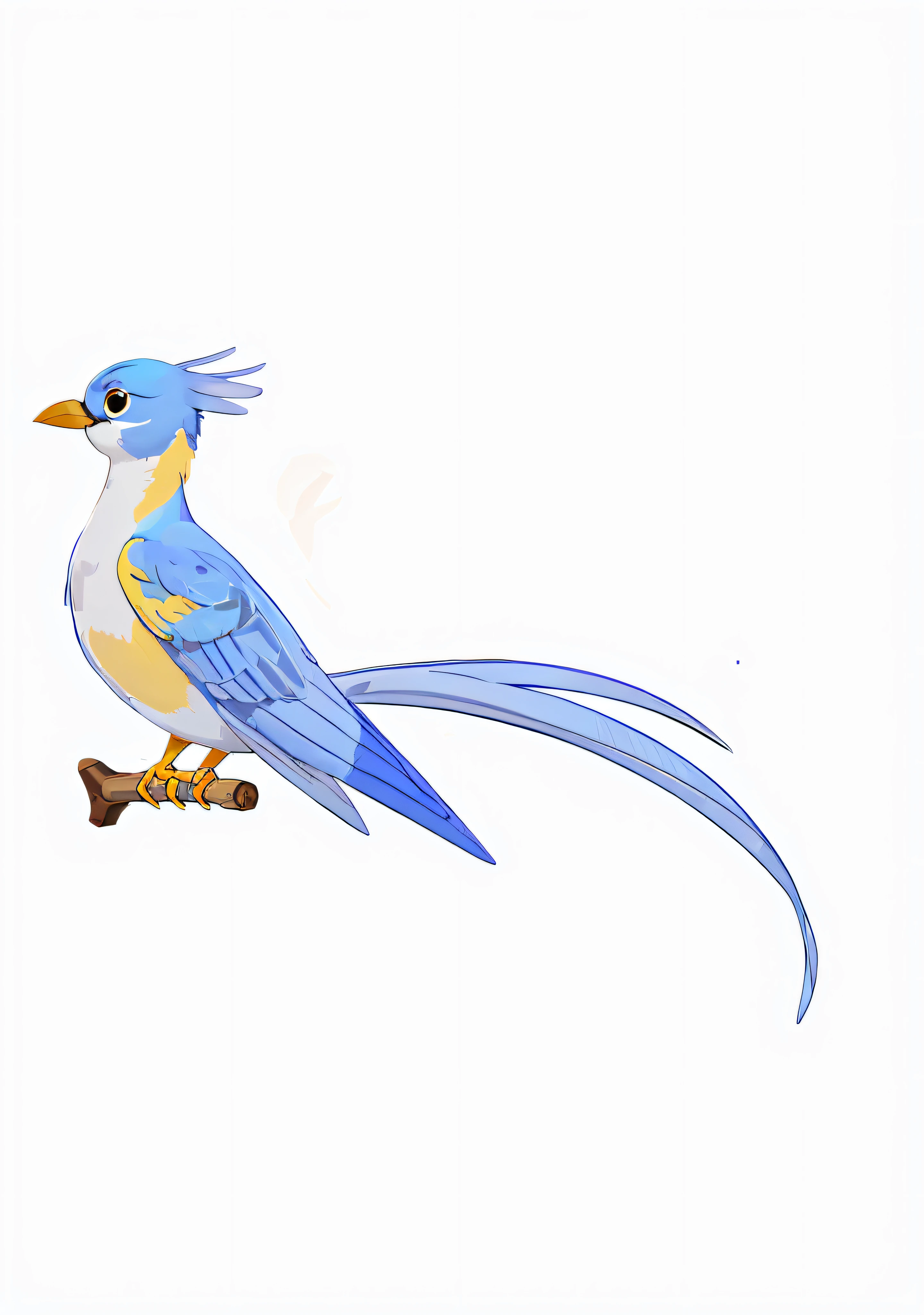 white background, anime style, cartoon, side view, a bird, a blue white bird, yellow beak, yellow, perched on a tree branch