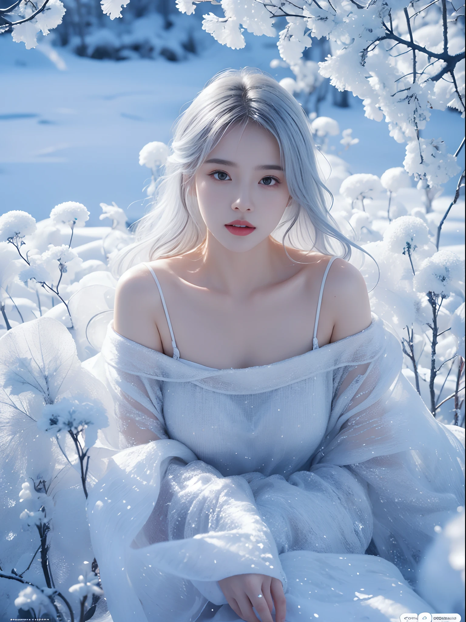 (((Masterpiece))), Best quality,ultra high res.(photorealistic:1.4), 4k wallpaper, Cinematic light, absurderes, 1girll,(Snow,Ice), snowflower, In winter,Stand on the snow，In the snow，White hair, Shiny hair, Wavy hair,超高分辨率，1.5x realism，UHD Ultra HD，Transparent clothes, frilld, Lace, Wet clothes, Off_Shoulder, hair scrunchie,Masterpiece, Telephoto lens, absurderes, Exquisite facial features，filmposter，Poster composition，posing elegantly，classics，Natural light，Soft light，（Seven-doppelganger composition） ，epic，dream magical，mistic