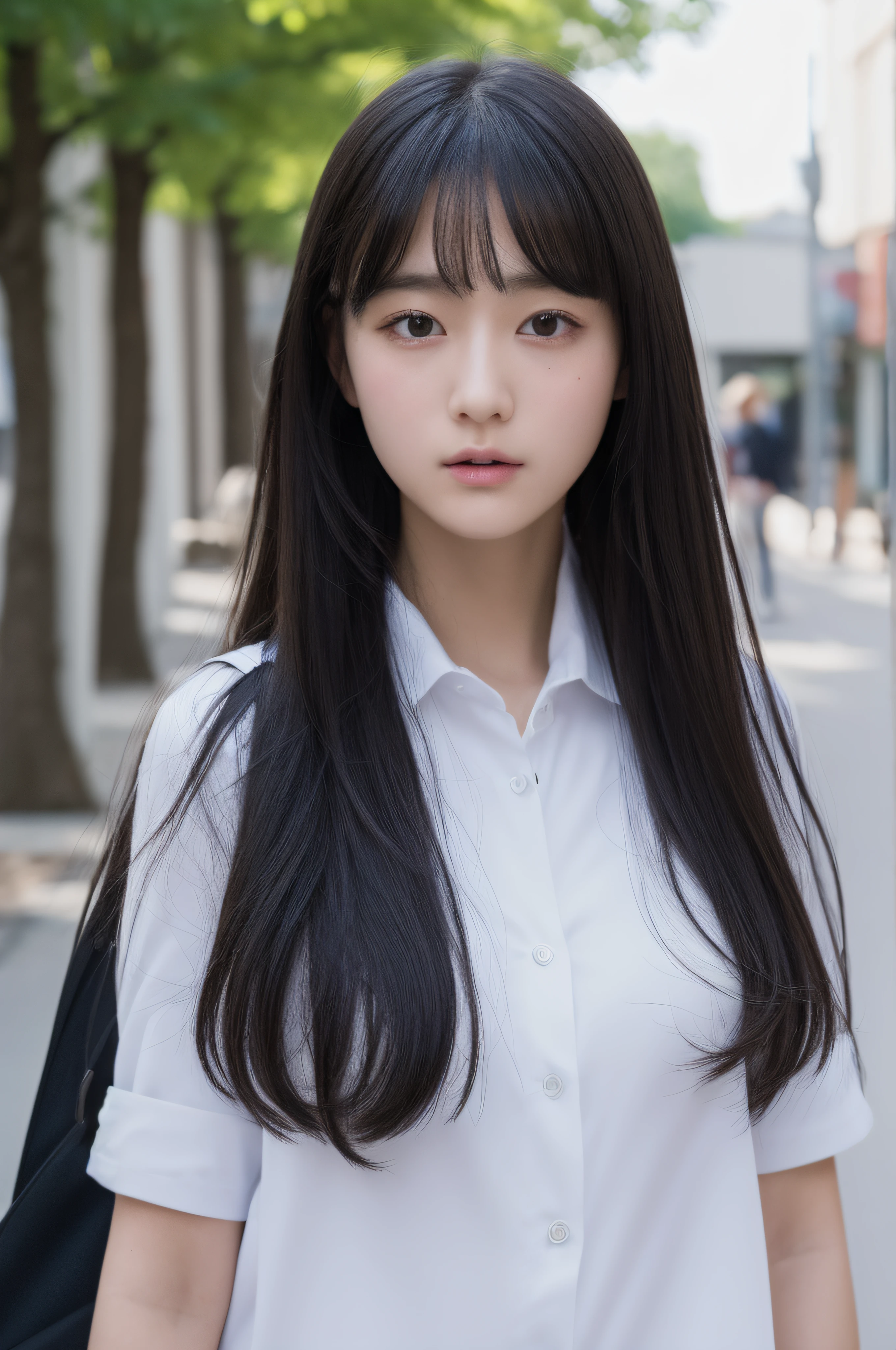 (Photorealsitic:1.２)、From the knee up、(A hyper-realistic),(超A high resolution), (in 8K), (top-quality), (ultra-detailliert), (​masterpiece),Long Black Hair、a japanese girl、18year old、Only one girl,high school summer uniform、large full breasts、In the street、Looking at the camera、hyperdetailed face、ultradetailed eyes、Slightly open mouth、sexy lip、drooing eyes、low nose