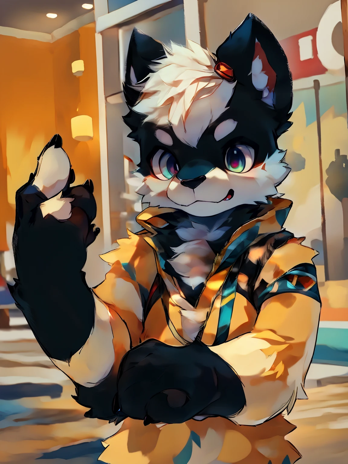 Solo, male, blue spacesuit, bulge, canine, black wolf, black fur, red eyes, glowing eyes, glasses, short hair, bowl cut, swept bangs, nerdy haircut, muscular, by bebebebebe, by spuydjeks, by darkgem, by mystikfox61, by chunie, standing, alleyway, plants