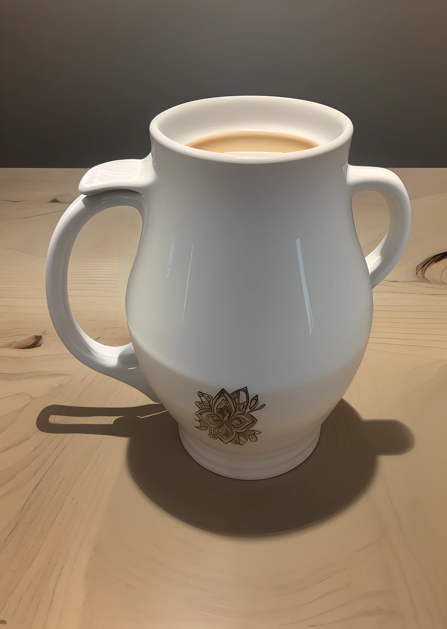 On the table is a ceramic mug,The mouth of the mug is oval in shape,Cup handle straight type,The mouth of the cup is slightly transparent material,The background is a solid color