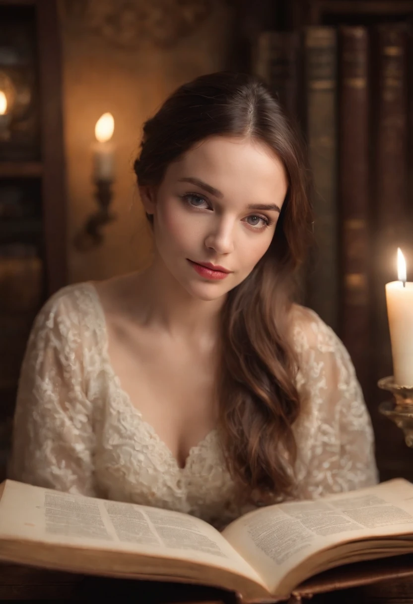 (Best quality,4K,high resolucion,Masterpiece:1.2),Realstic,Ultra-detailed,professionnel,Detailed eyes and face,beautiful detailed lips,extremely detailed eyes and face,longs cils,Hdr,UHD,Peinture ultra-fine,mise au point nette,rendu physique,studio lighting,couleurs vives,Bokeh,Portraits,une femme,environ 28 ans,sitting in an old bookcase,on a cloudy day by candlelight,dans un fauteuil,Studying Magic,with a floating book on one side and a notebook and pen on the other.