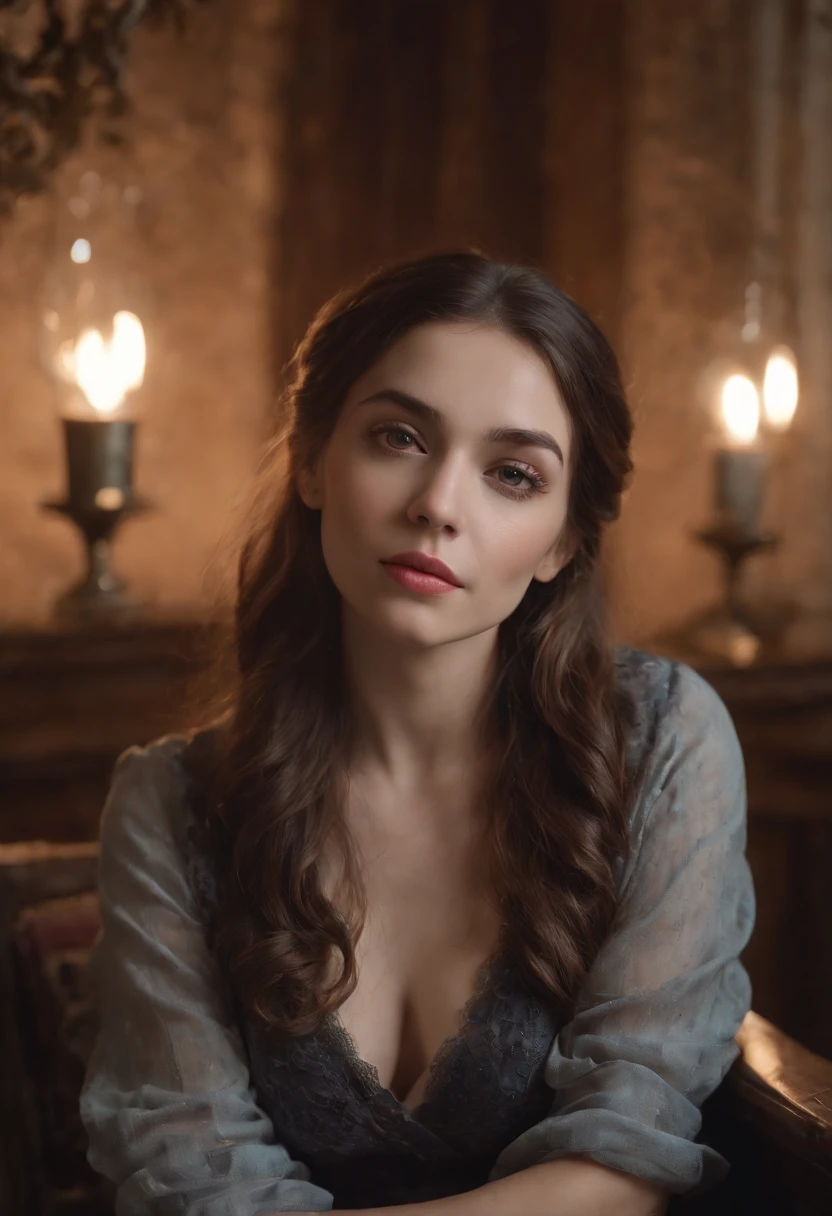 (Best quality,4K,high resolucion,Masterpiece:1.2),Realstic,Ultra-detailed,professionnel,Detailed eyes and face,beautiful detailed lips,extremely detailed eyes and face,longs cils,Hdr,UHD,Peinture ultra-fine,mise au point nette,rendu physique,studio lighting,couleurs vives,Bokeh,Portraits,une femme,environ 28 ans,sitting in an old bookcase,on a cloudy day by candlelight,dans un fauteuil,Studying Magic,with a floating book on one side and a notebook and pen on the other.