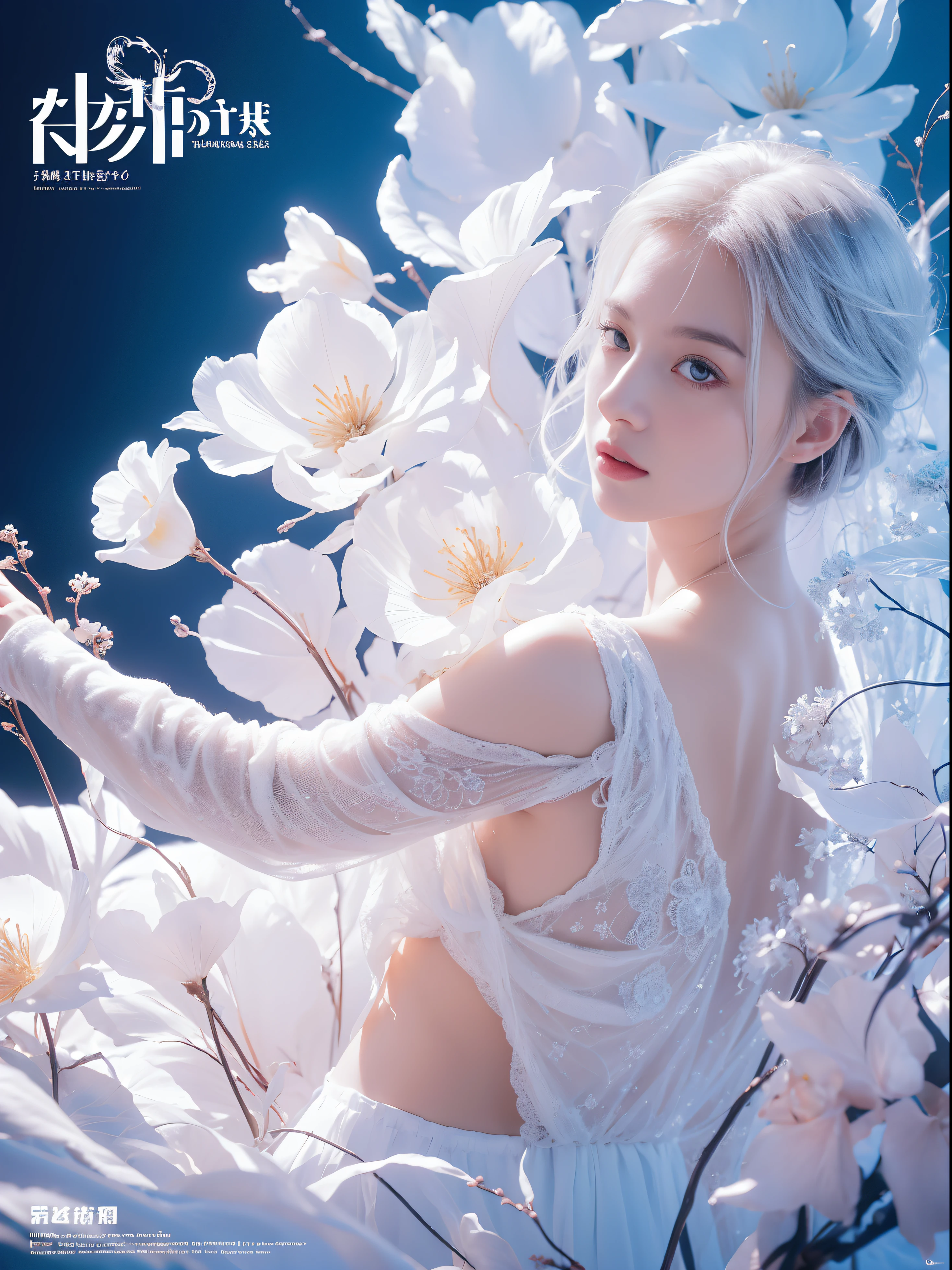 (((Masterpiece))), Best quality, illustration, 4k wallpaper, Cinematic light, absurderes, 1girll,(Snow,Ice), snowflower, In winter, White hair, Shiny hair, Wavy hair, Transparent clothes, frilld, Lace, Wet clothes, Off_Shoulder, hair scrunchie,Masterpiece, Telephoto lens, absurderes, Exquisite facial features，filmposter，Poster composition，posing elegantly，classics，Natural light，Soft light，（Seven-doppelganger composition） ，epic，dream magical，mistic