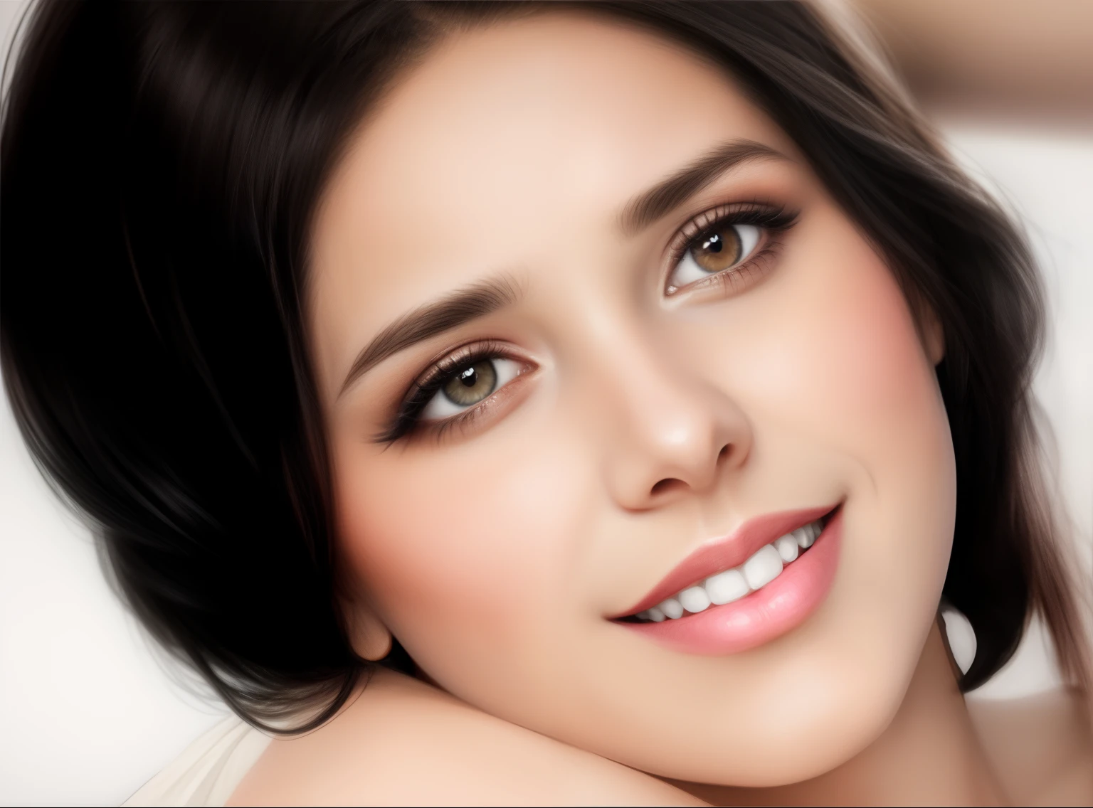 there is a woman that is smiling and posing for a picture, mulher bonita, imagem realista de 1930,, rosto perfeito, mulher com pele de porcelana, imagem ultra realista, cabelo liso, imagem realista, rosto retocado,  retrato pintado centrado no lado, pintura digital dos desenhos animados, retoque facial,  fotorrealista, rosto completo close up retrato, airbrush